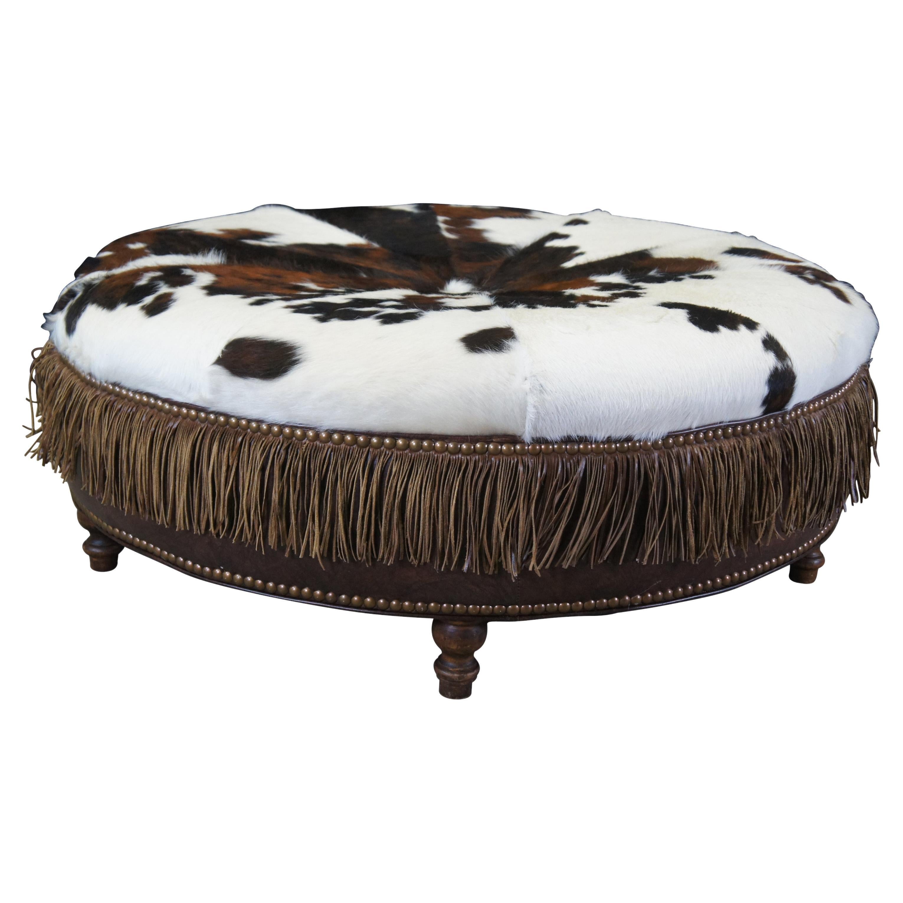 Vintage Round Leather Cowhide Fringed Ottoman Southwestern Brown & White