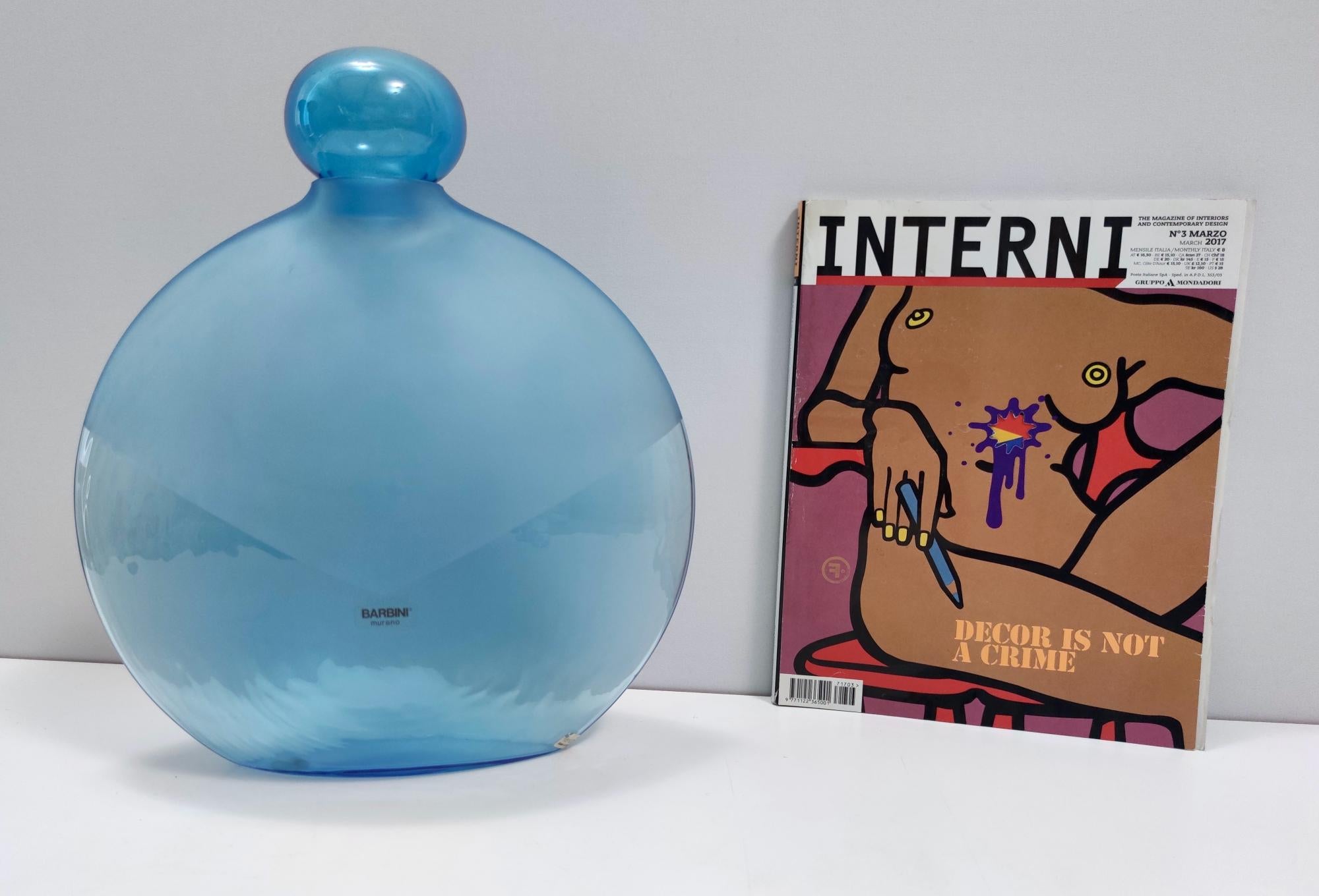 Post-Modern Postmodern Round Light Blue Murano Glass Bottle by Alfredo Barbini, Italy, 1980s For Sale