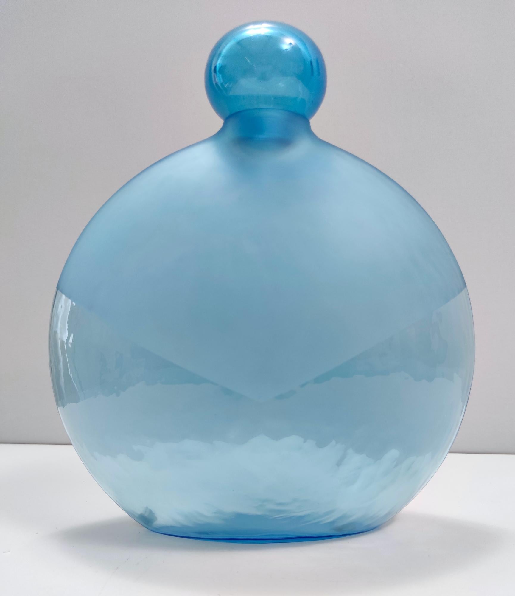 Italian Postmodern Round Light Blue Murano Glass Bottle by Alfredo Barbini, Italy, 1980s For Sale