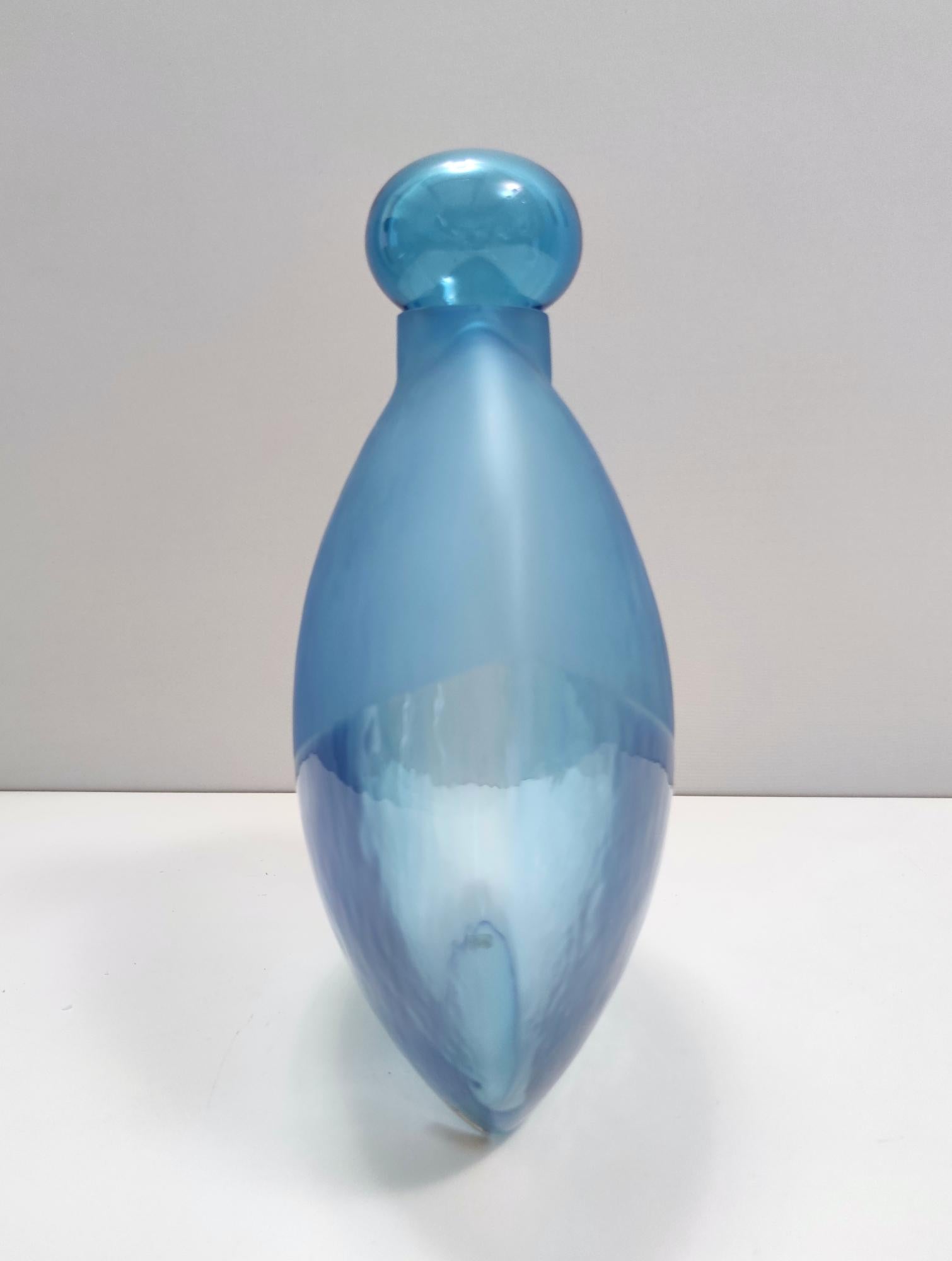 Late 20th Century Postmodern Round Light Blue Murano Glass Bottle by Alfredo Barbini, Italy, 1980s For Sale