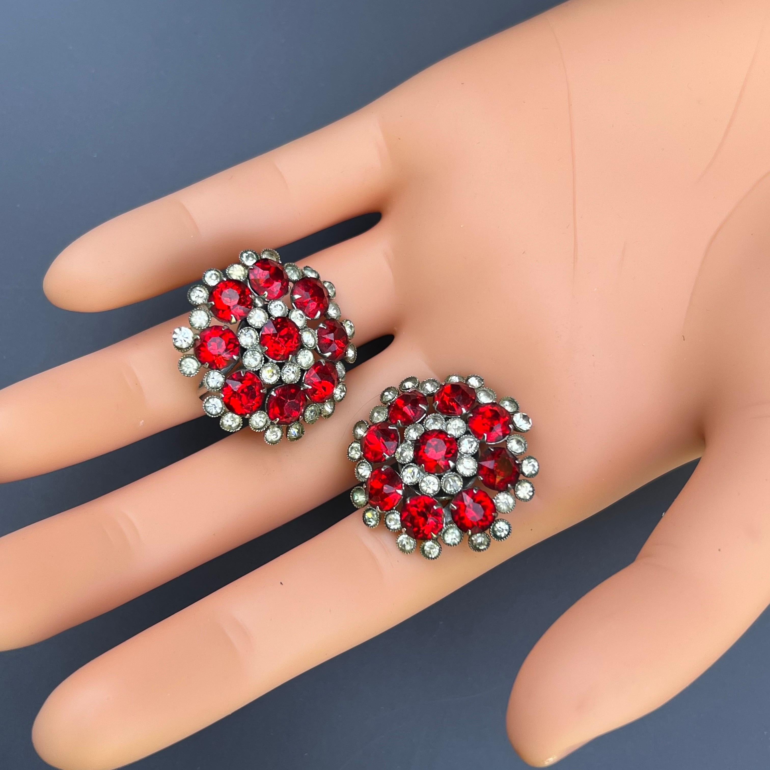 Vintage Round Lipstick Red Glass Crystal Flower Earrings Circa 1960s For Sale 7