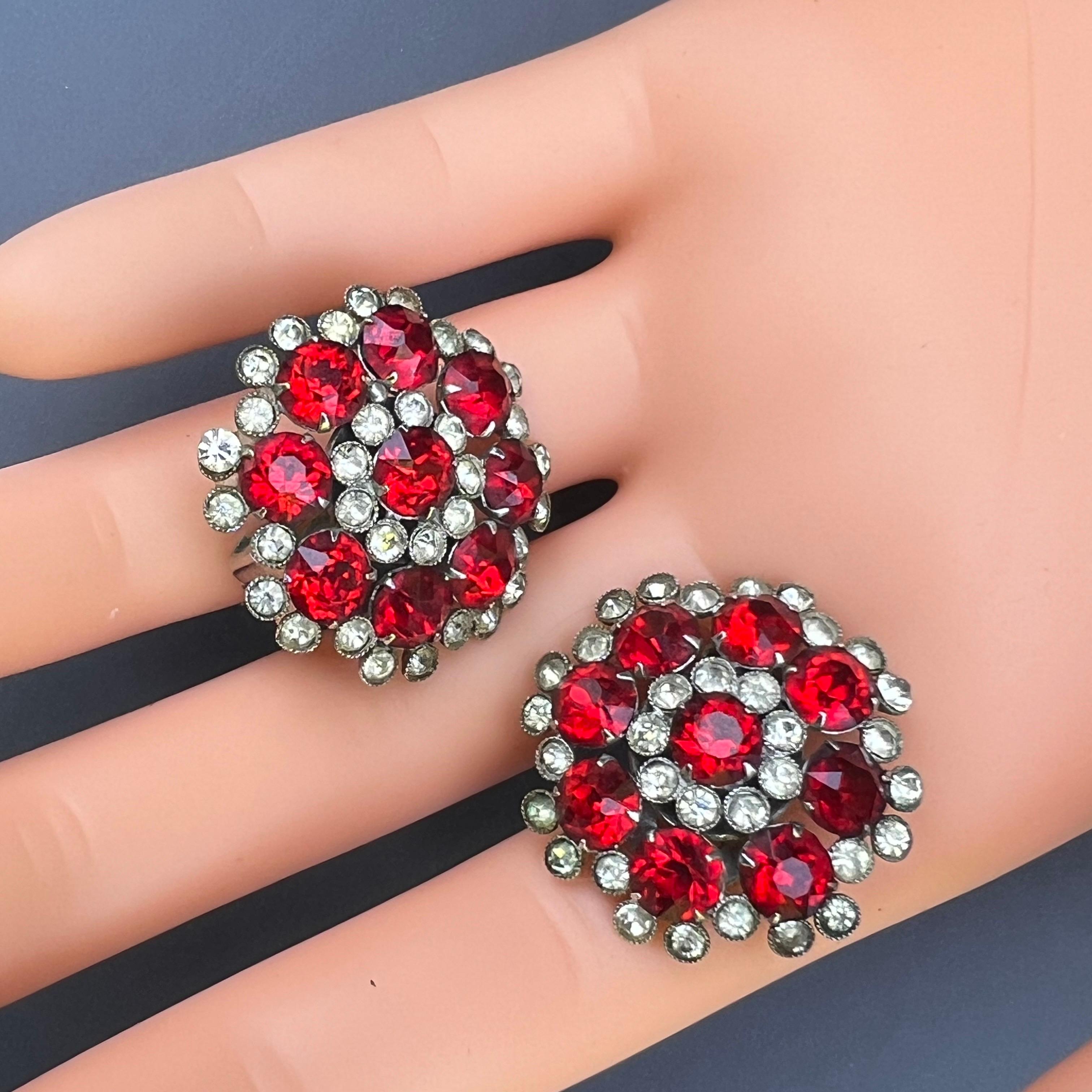Vintage Round Lipstick Red Glass Crystal Flower Earrings Circa 1960s For Sale 9