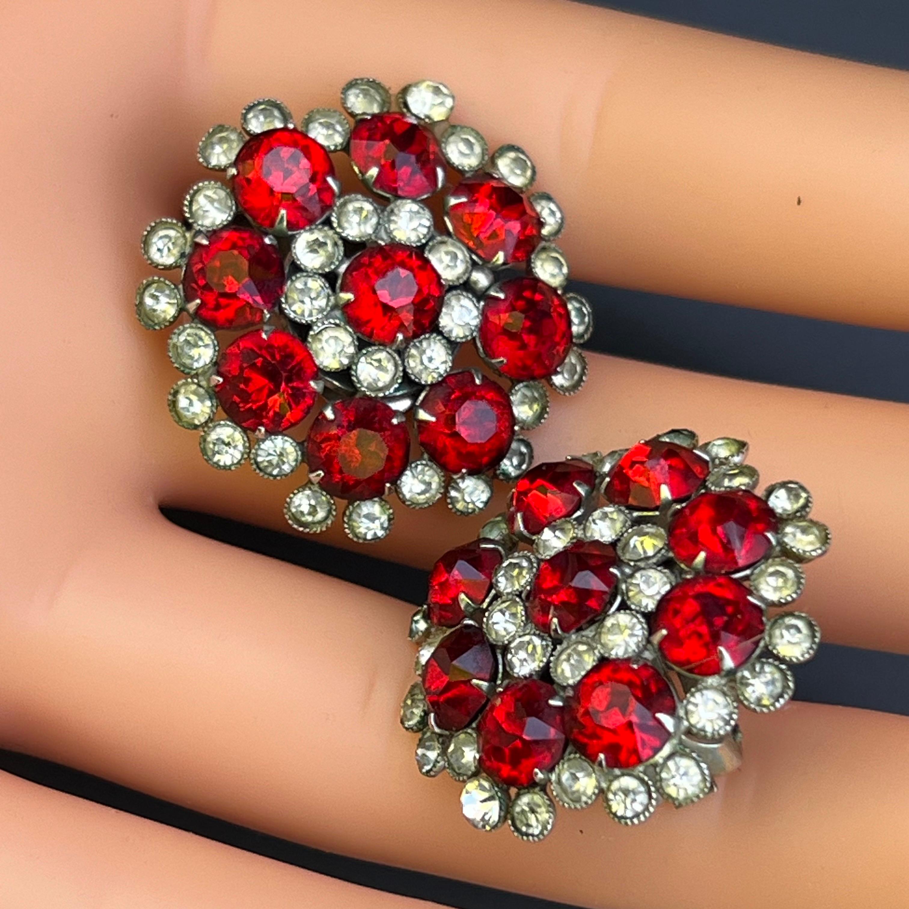 Vintage Round Lipstick Red Glass Crystal Flower Earrings Circa 1960s For Sale 10