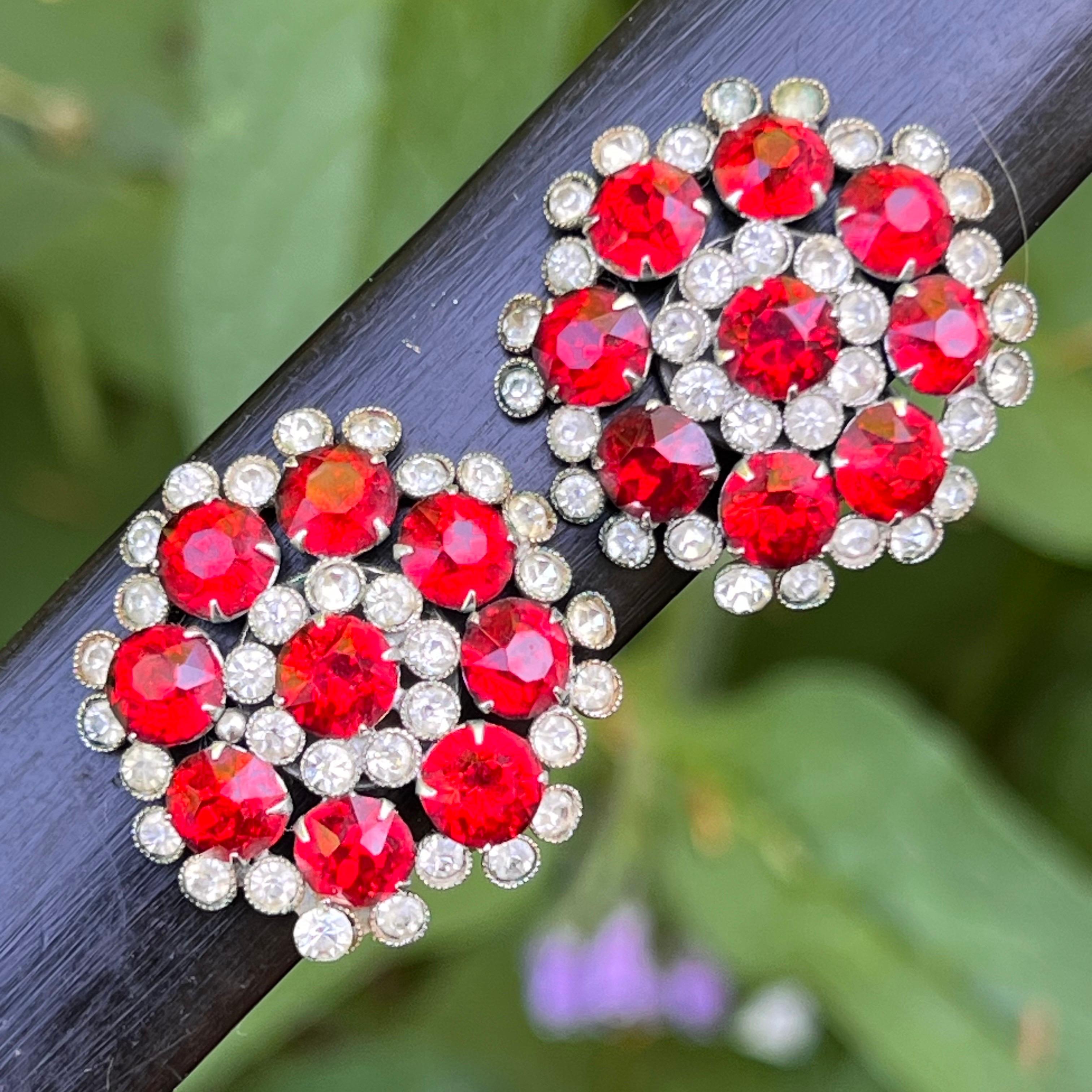 Modern Vintage Round Lipstick Red Glass Crystal Flower Earrings Circa 1960s For Sale