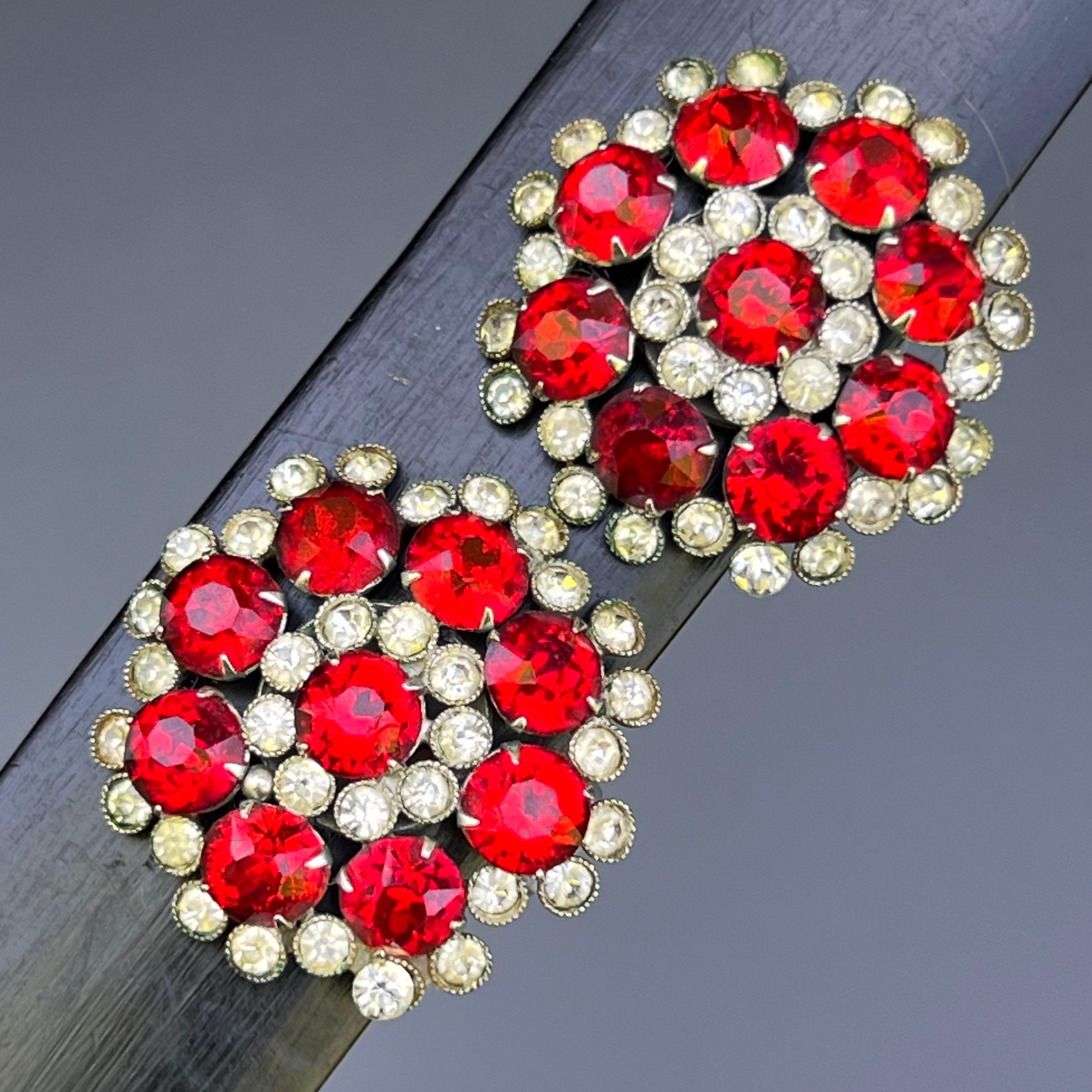 Women's Vintage Round Lipstick Red Glass Crystal Flower Earrings Circa 1960s For Sale