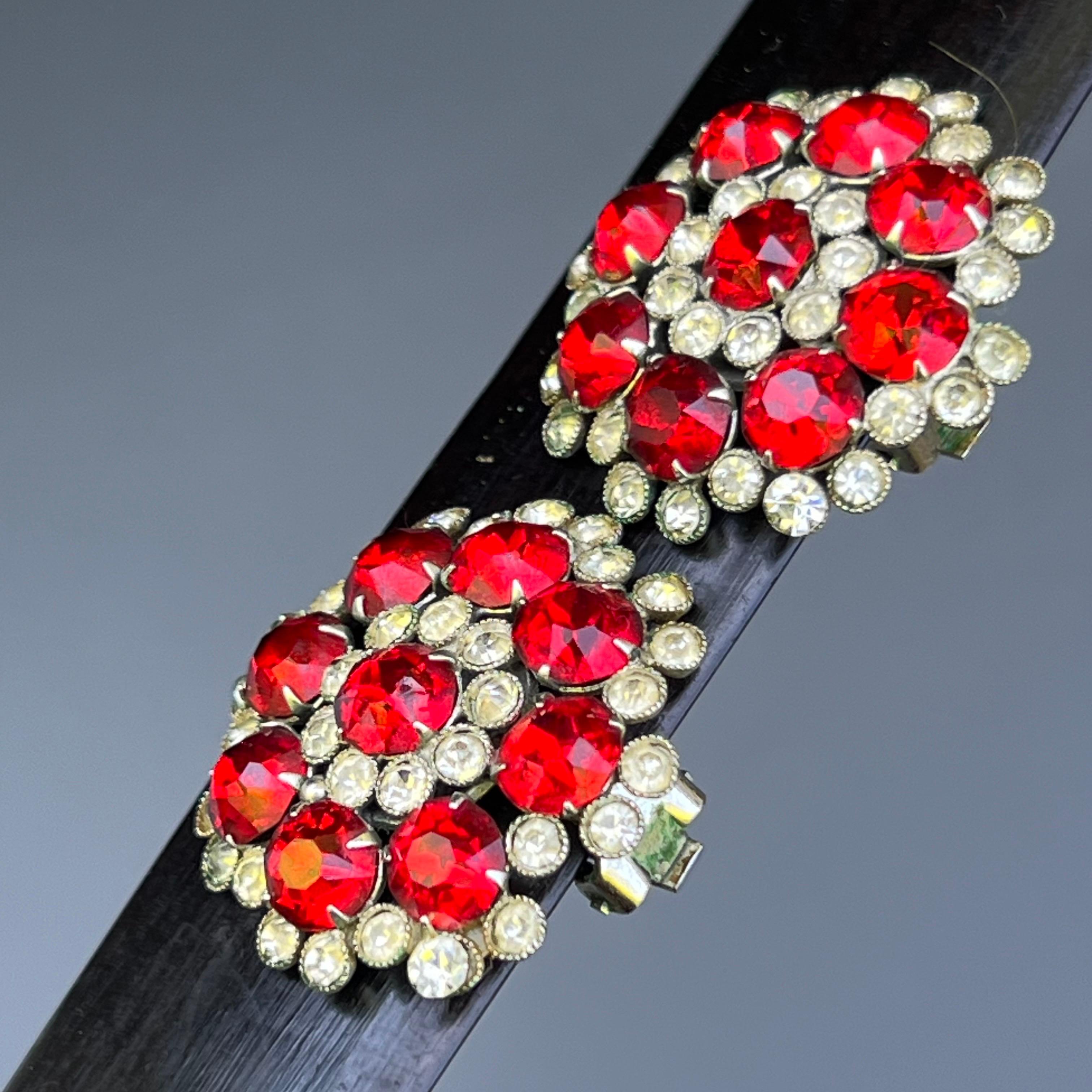 Vintage Round Lipstick Red Glass Crystal Flower Earrings Circa 1960s For Sale 1