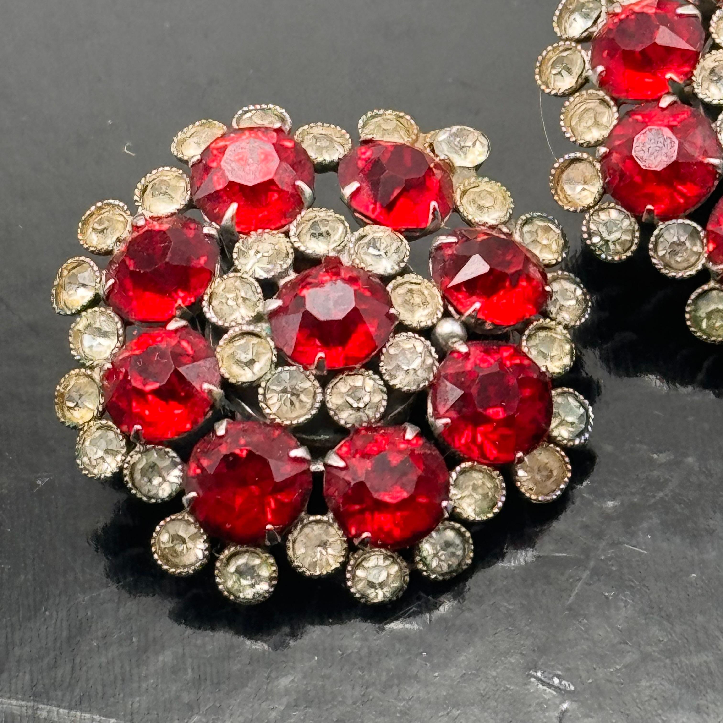 Vintage Round Lipstick Red Glass Crystal Flower Earrings Circa 1960s For Sale 3