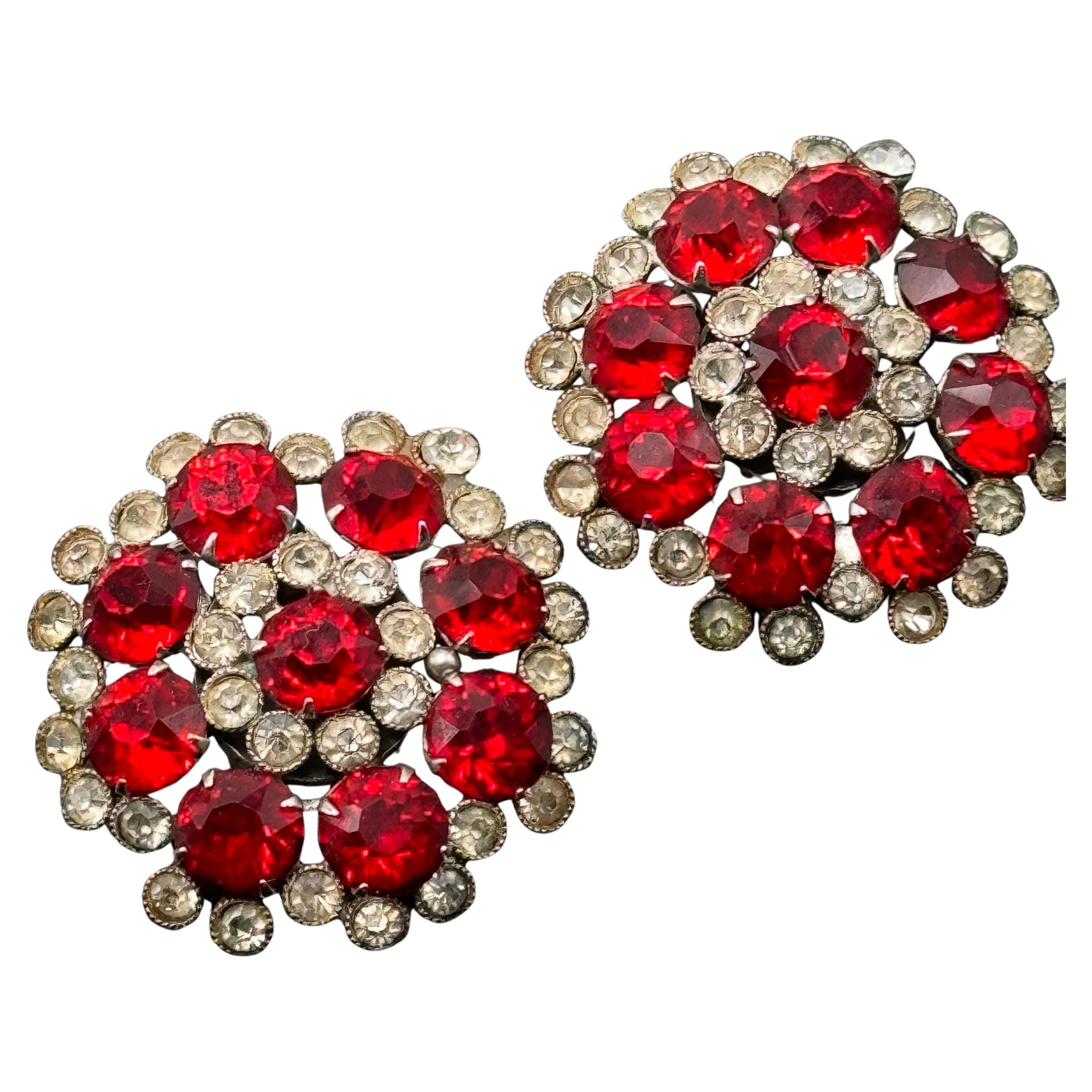 Vintage Round Lipstick Red Glass Crystal Flower Earrings Circa 1960s For Sale