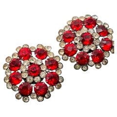 Vintage Round Lipstick Red Glass Crystal Flower Earrings Circa 1960s