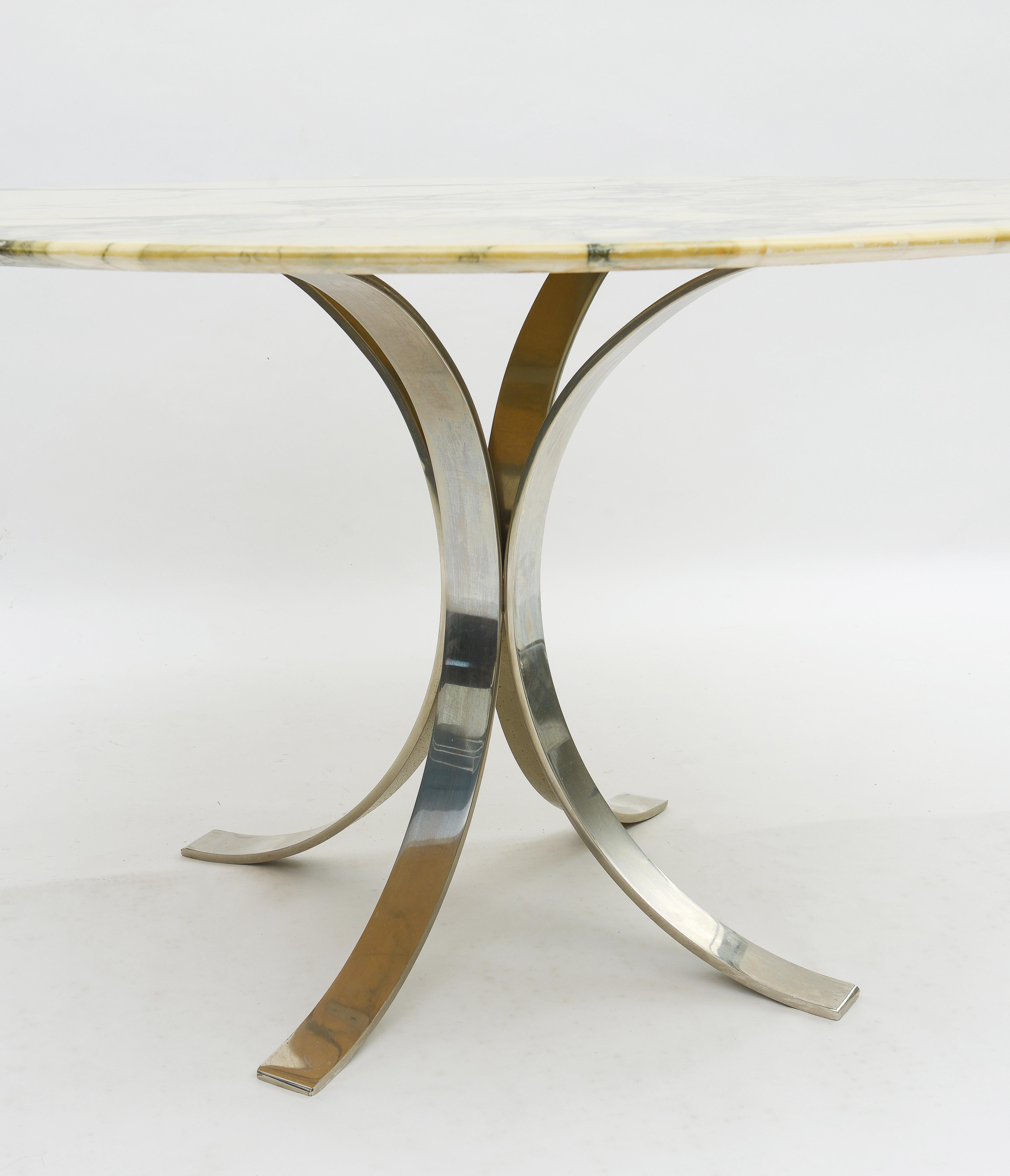 Chrome Table de salle à manger vintage à piédestal en marbre rond et chrome Osvaldo Borsani T69 en vente