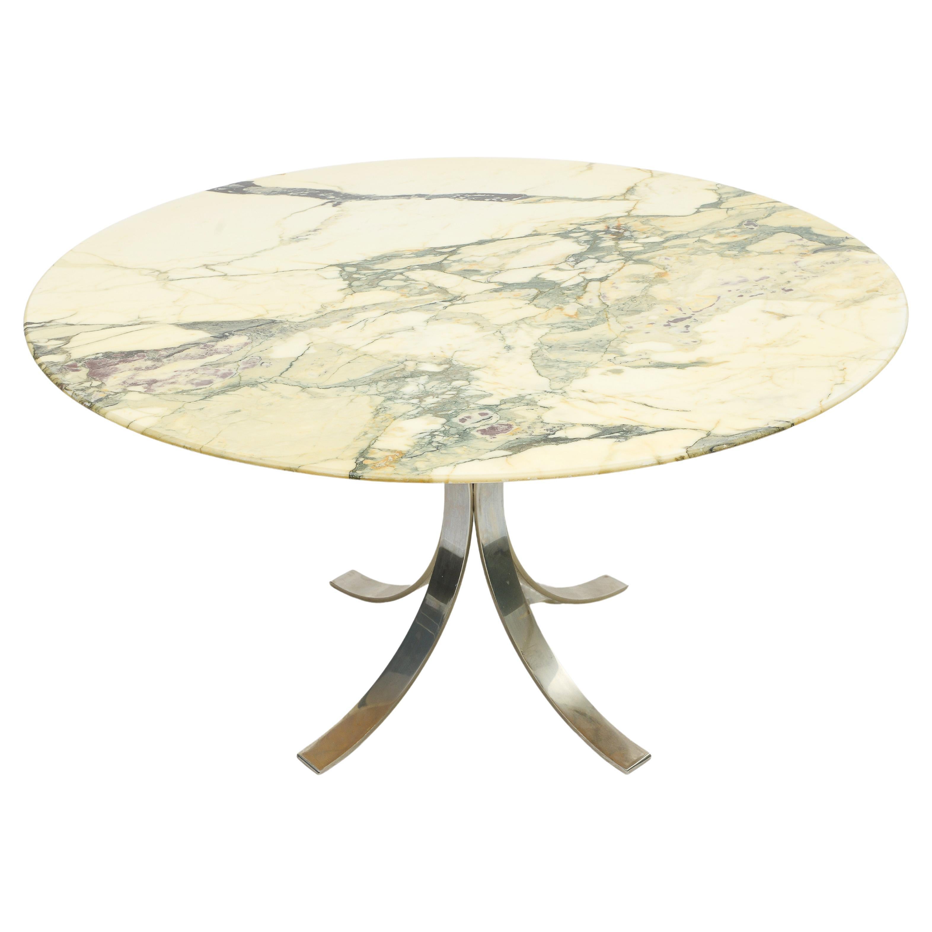 Table de salle à manger vintage à piédestal en marbre rond et chrome Osvaldo Borsani T69 en vente