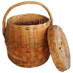Vintage Round Market Basket with Large Handle and Lid