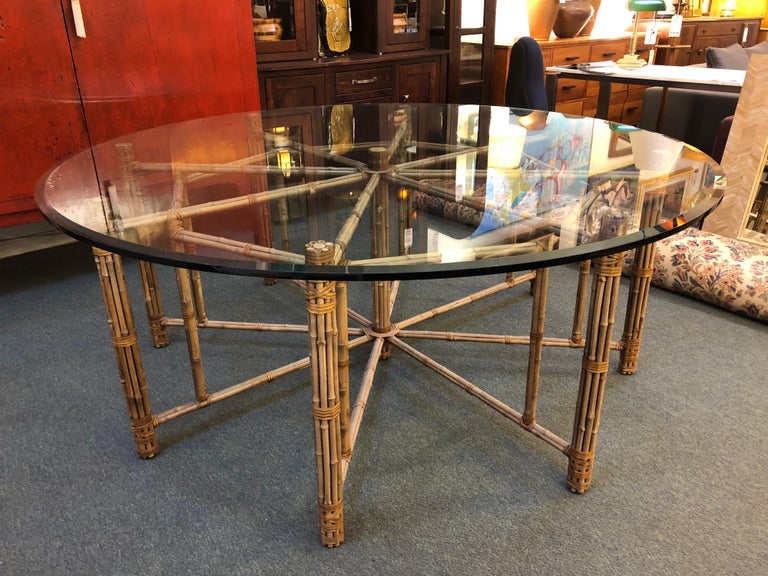 Vintage Round McGuire Bamboo and Glass Dining Table For Sale at 1stDibs