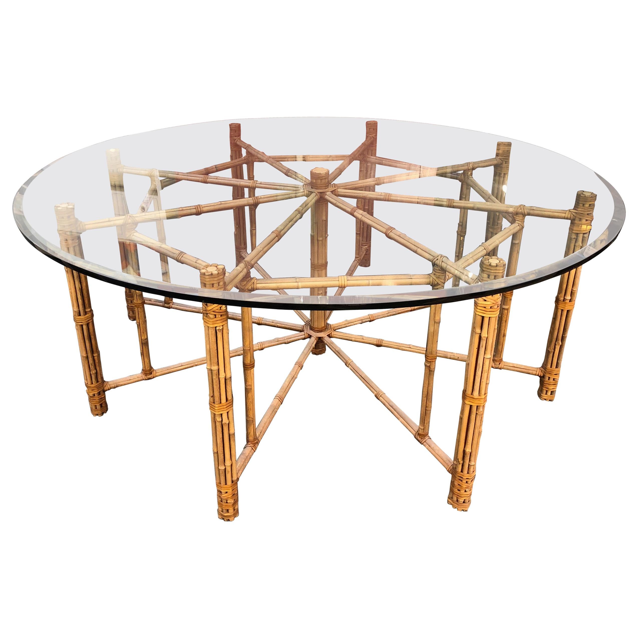 Vintage Round McGuire Bamboo and Glass Dining Table For Sale