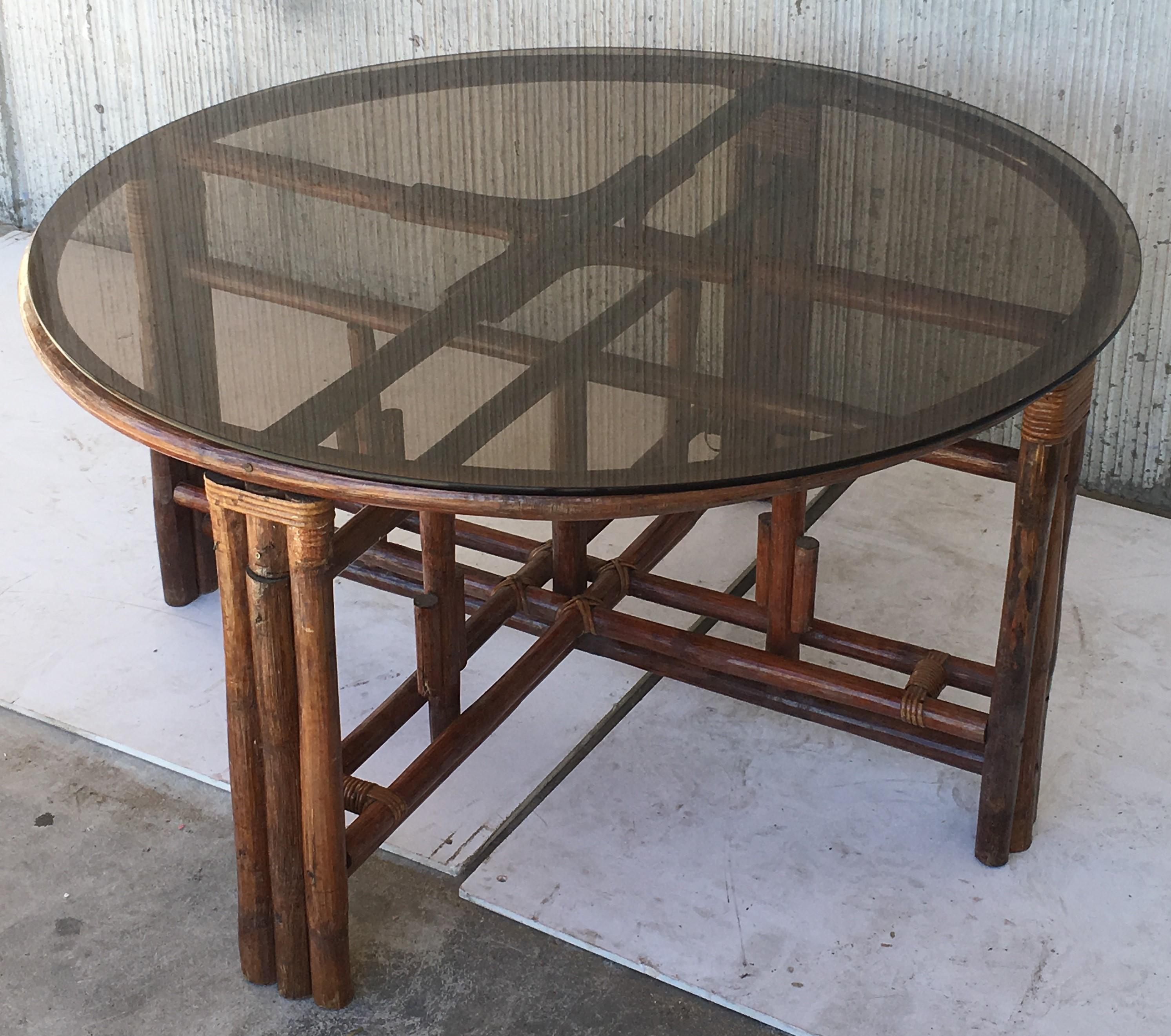 Vintage Round McGuire Style Bamboo and Glass Dining Table with Four Stools 1