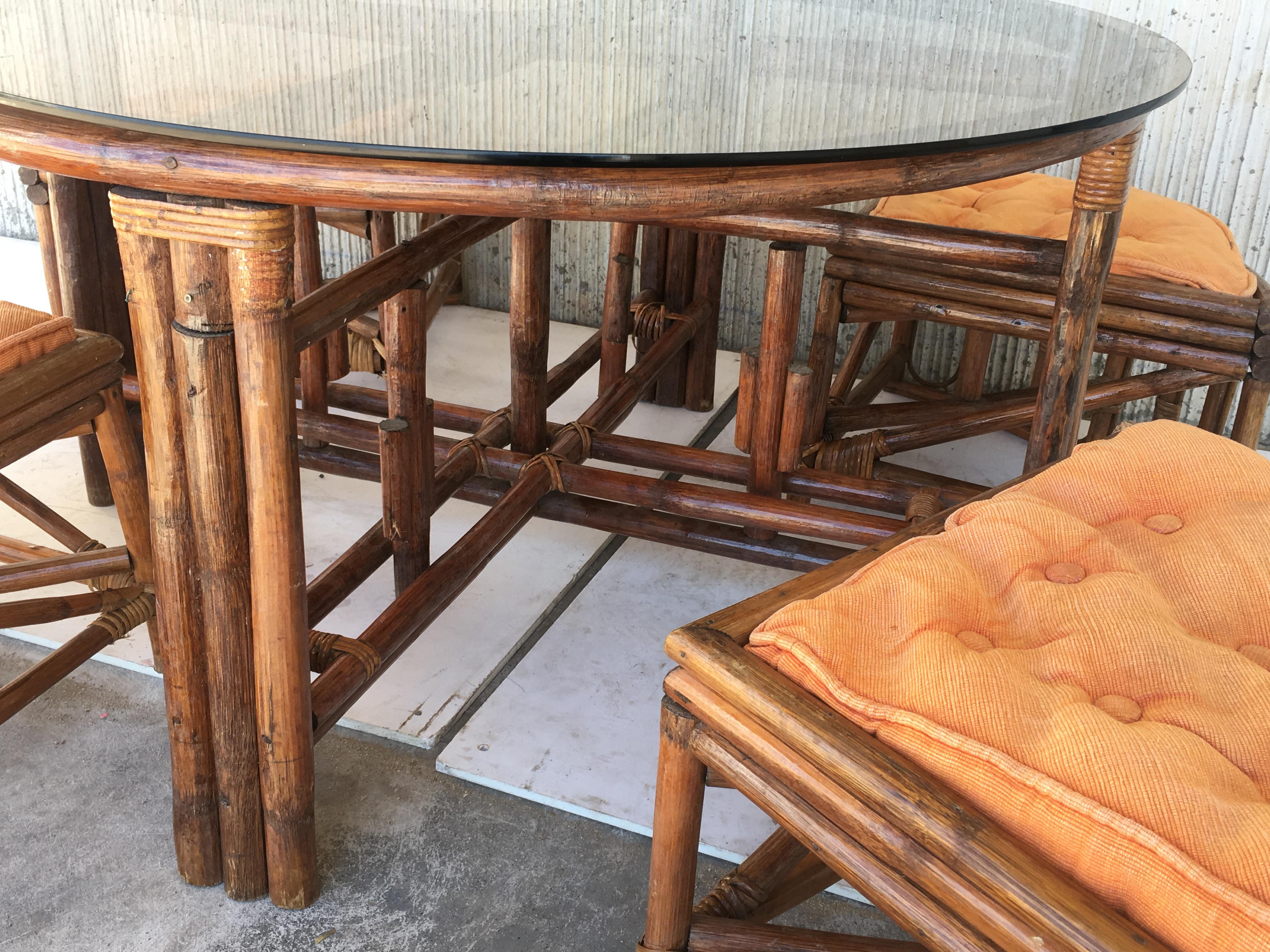 Vintage Round McGuire Style Bamboo and Glass Dining Table with Four Stools 2