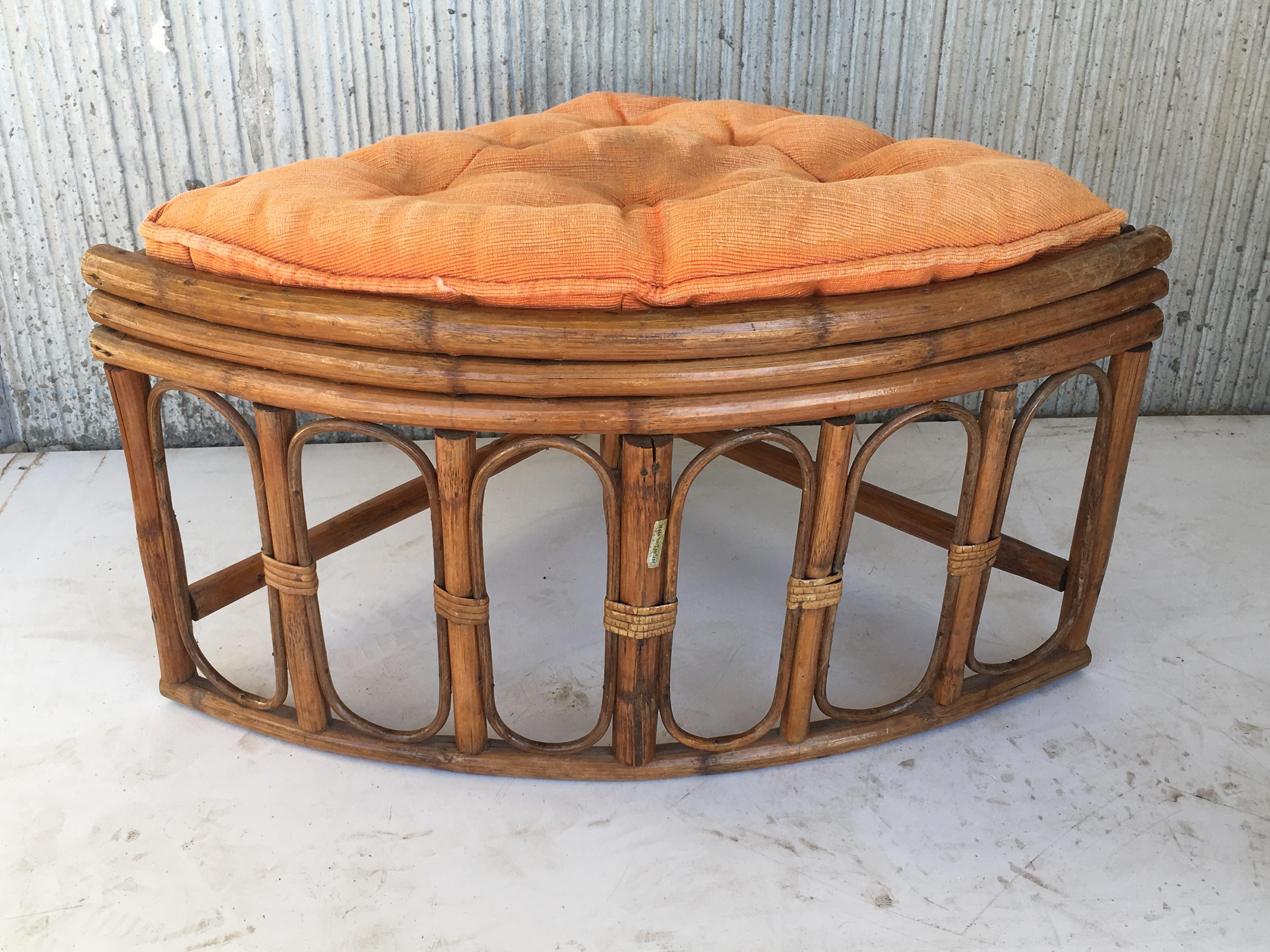 Vintage Round McGuire Style Bamboo and Glass Dining Table with Four Stools 4