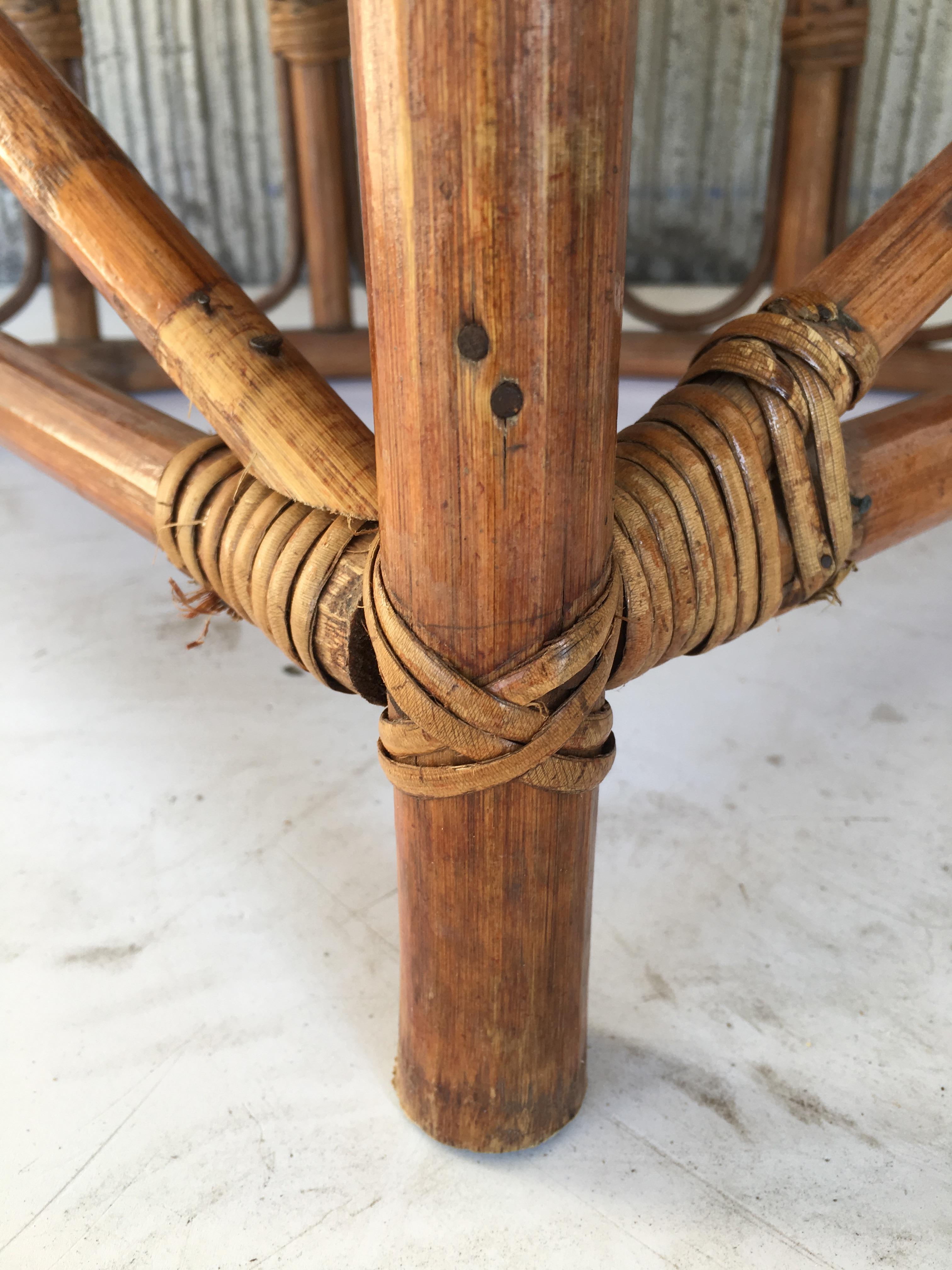 Vintage Round McGuire Style Bamboo and Glass Dining Table with Four Stools 7