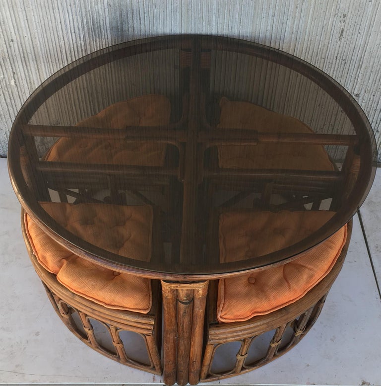 Vintage Round McGuire Style Bamboo and Glass Dining Table ...