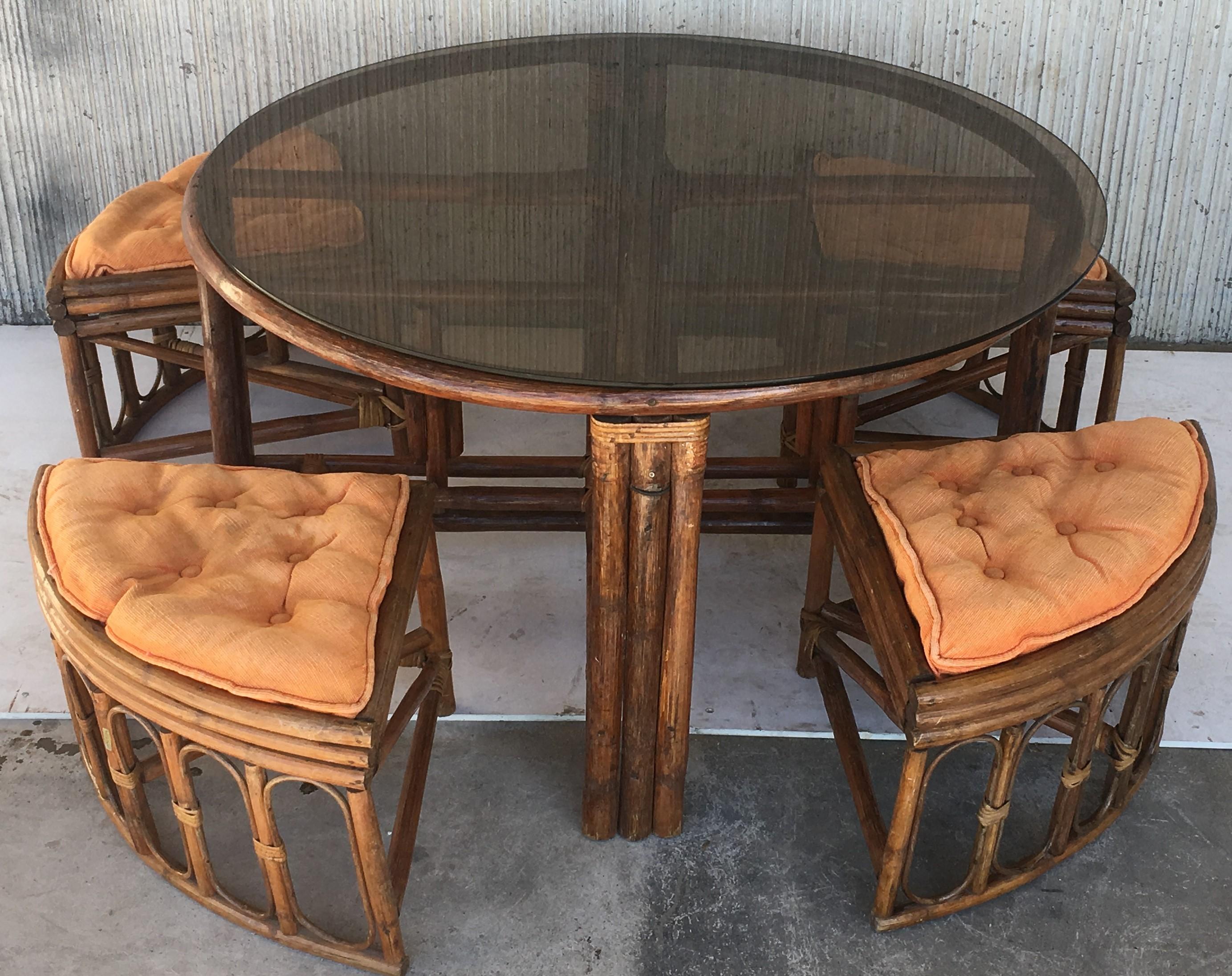North American Vintage Round McGuire Style Bamboo and Glass Dining Table with Four Stools