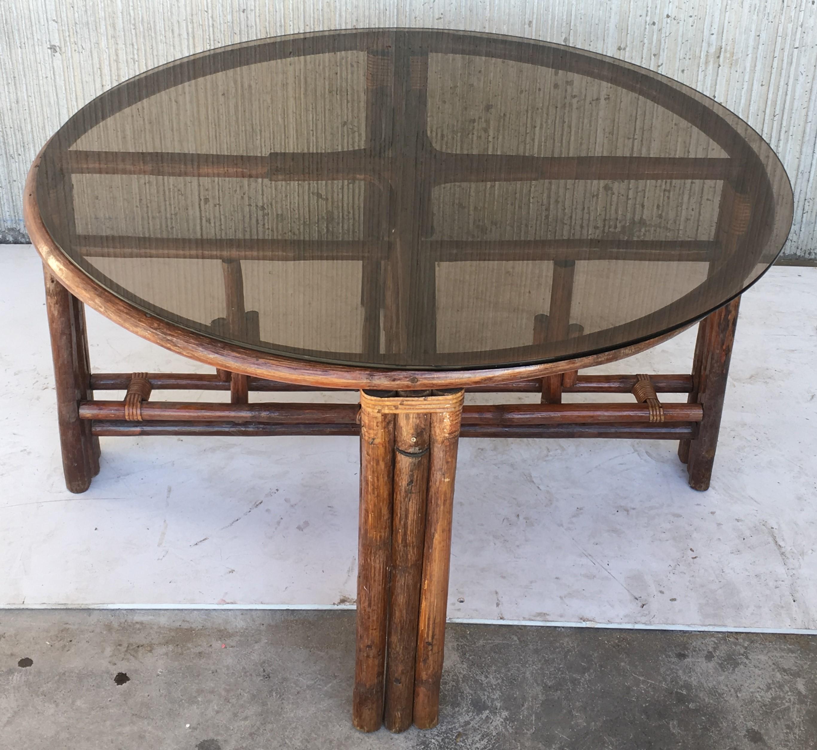20th Century Vintage Round McGuire Style Bamboo and Glass Dining Table with Four Stools