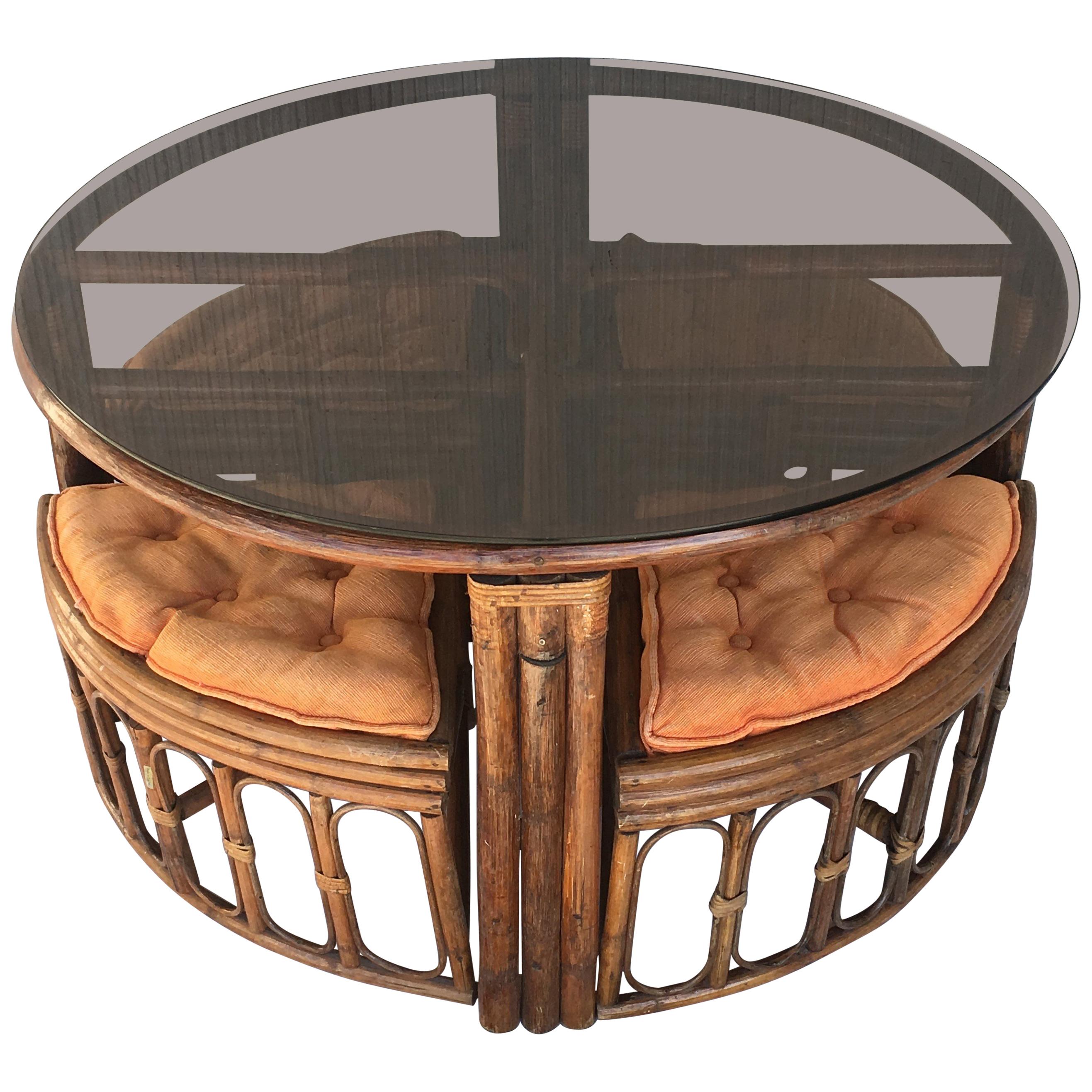 Vintage Round McGuire Style Bamboo and Glass Dining Table with Four Stools