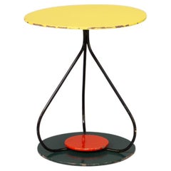 Vintage Round Metal and Lacquered Wooden French Side Table
