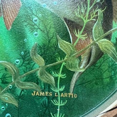 Vintage Round Metal Green Serving Tray with Fish Motif James L Artig