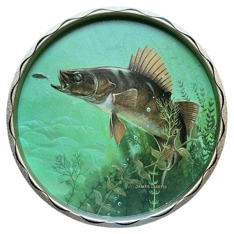 Vintage Round Metal Green Serving Tray with Fish Motif James L Artig For Sale