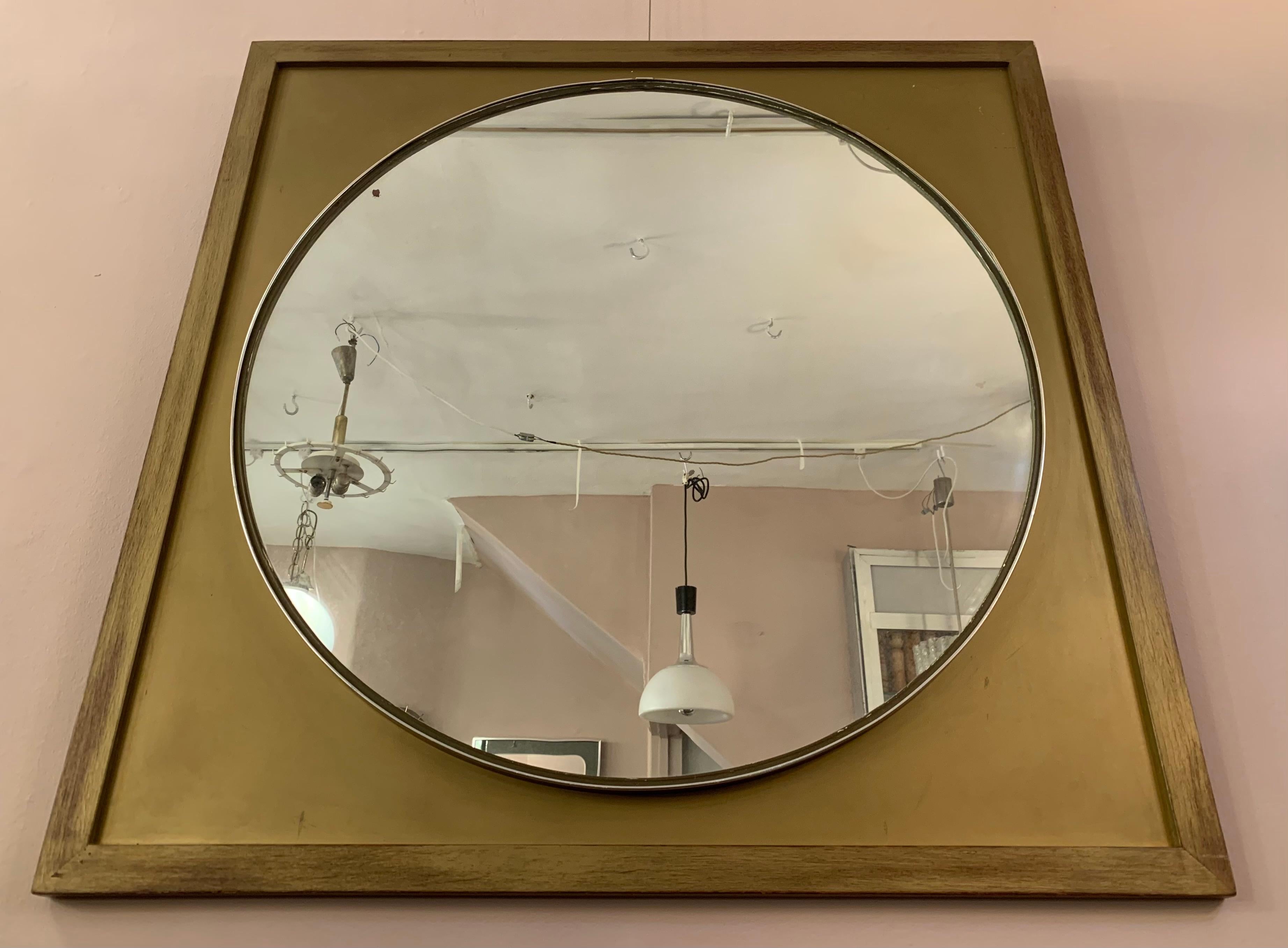 Mid-Century Modern Vintage Round Mirror on a Square Gold Frame