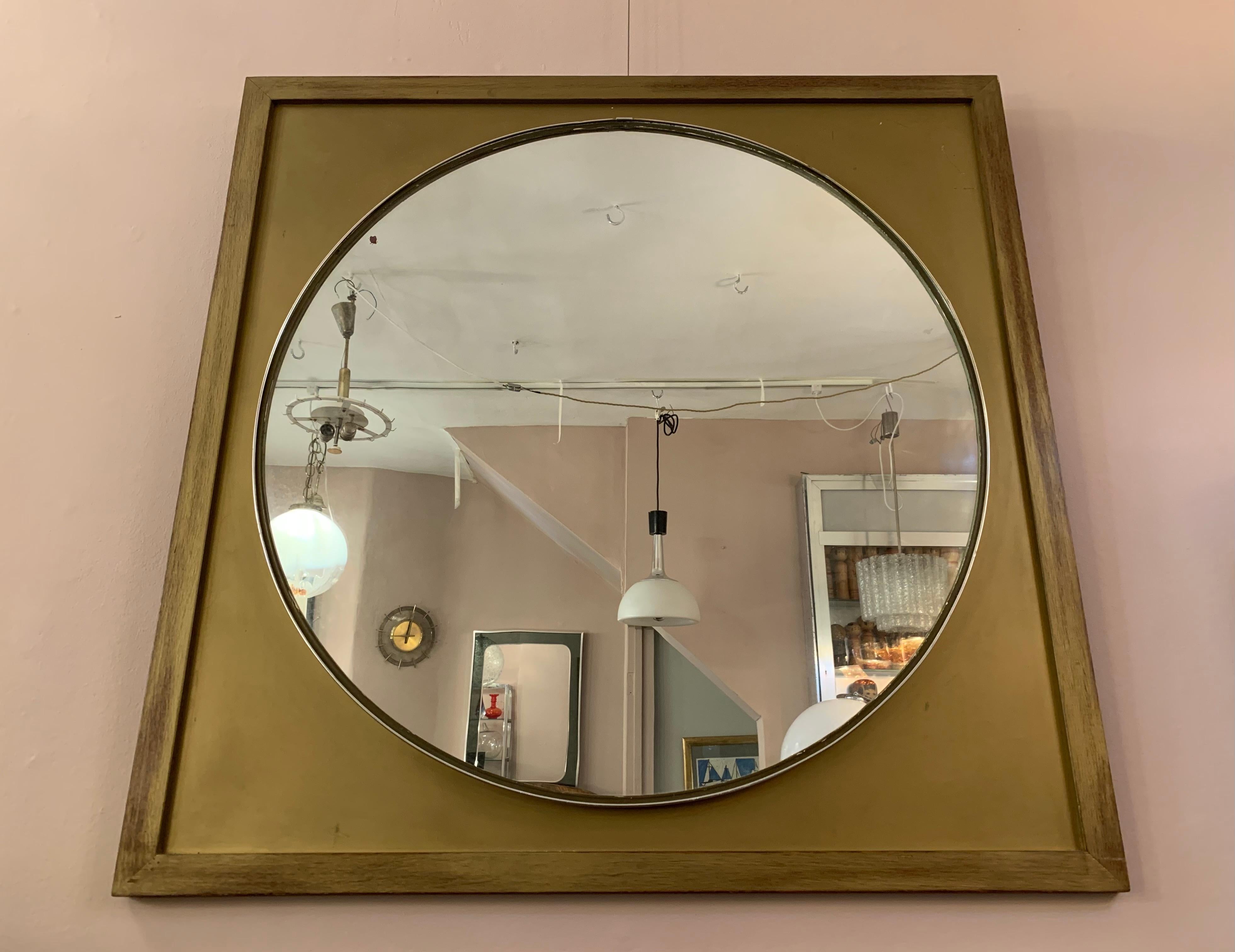 Scandinavian Vintage Round Mirror on a Square Gold Frame