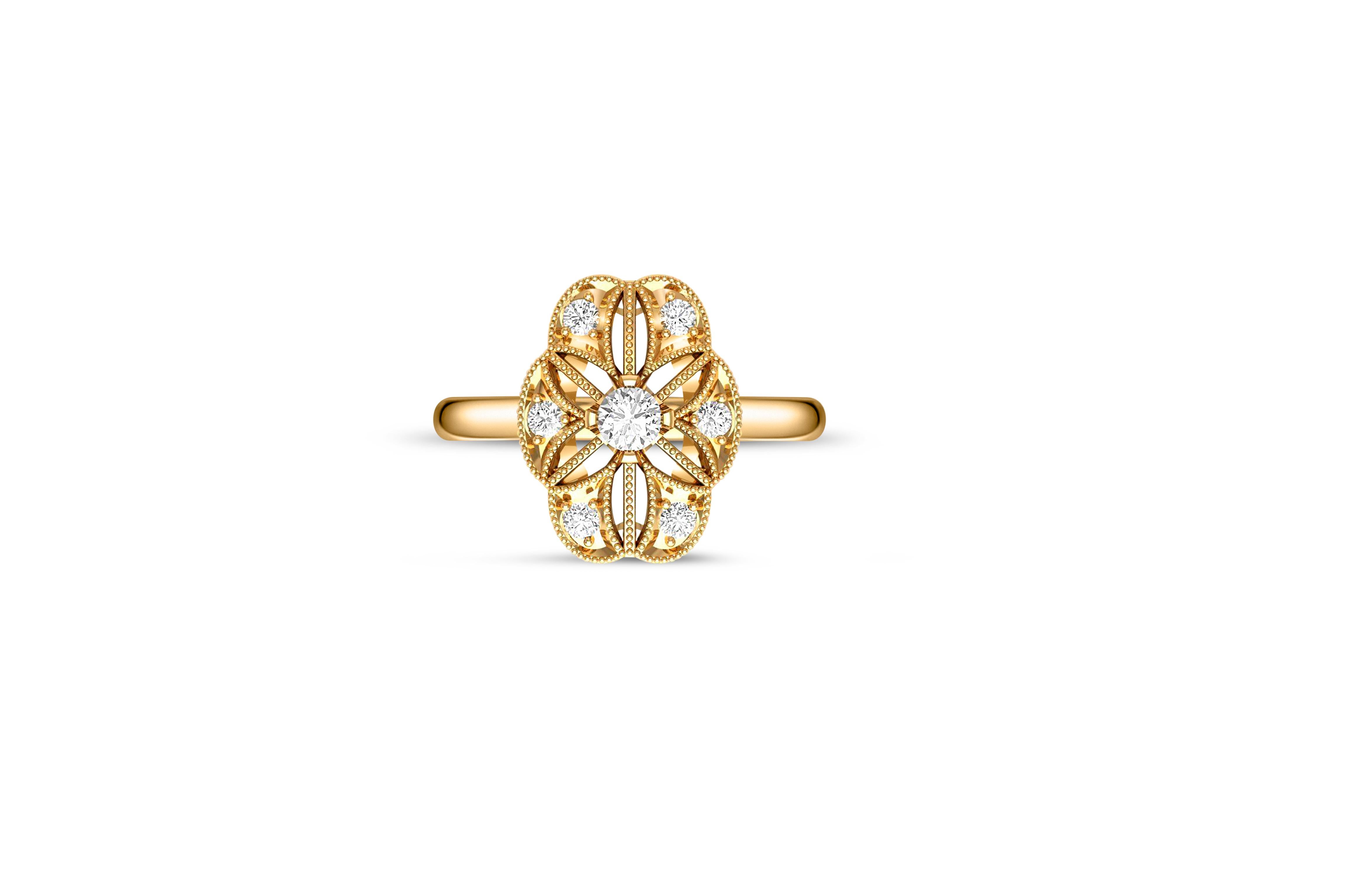 Vintage Round Moissanite Engagement 14k Gold Ring. Art Deco Moissanite wedding ring. Antique style moissanite bridal ring. Edwardian style statement Ring

Metal: 14k gold
Weight: 3 g. Depends from size.

Gemstones:
Moissanite: 4 mm, round brilliant