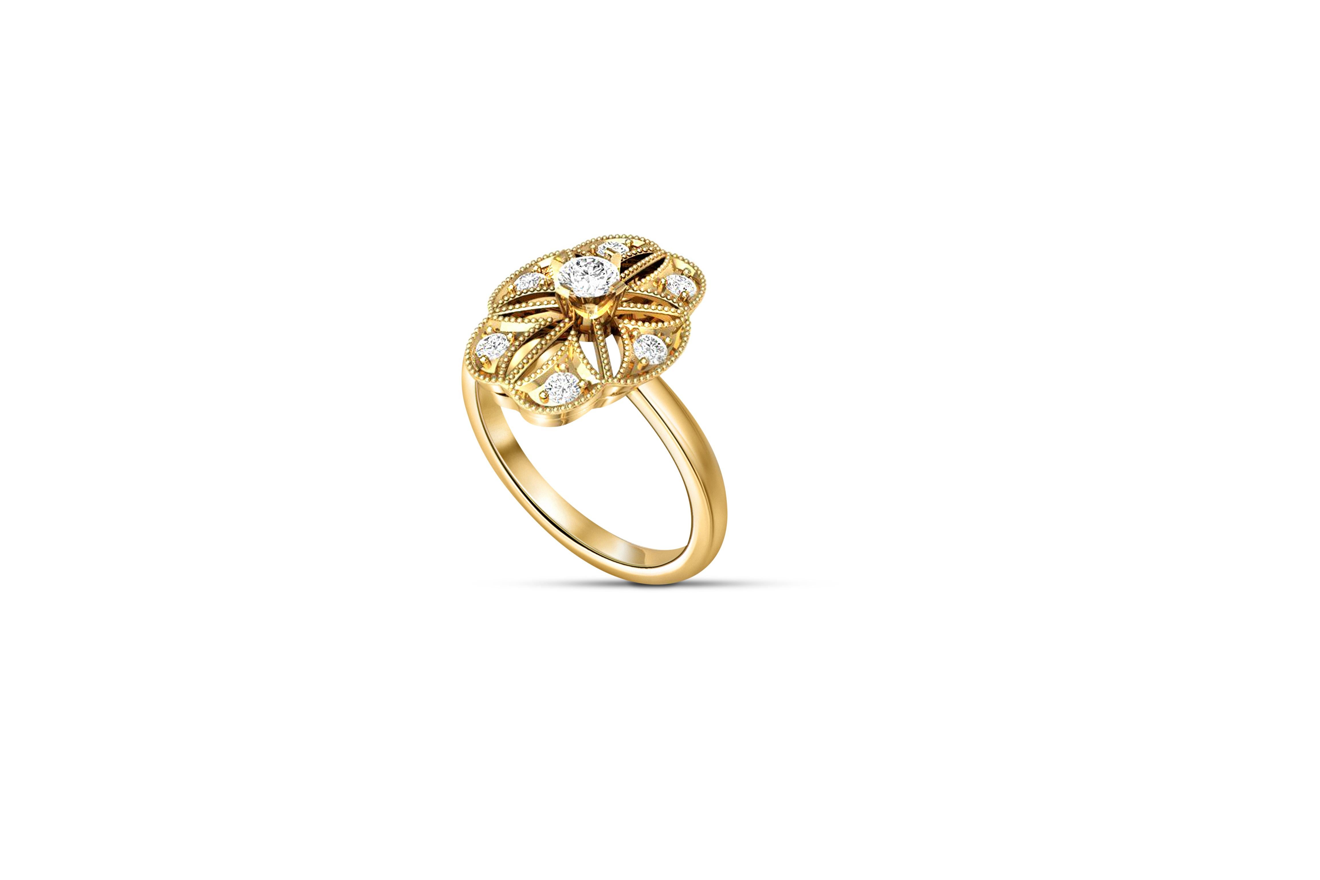 Modern Vintage Round Moissanite Engagement 14k Gold Ring. For Sale