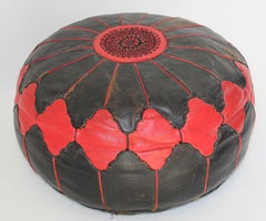 Vintage Moroccan Pouf in Red and Black Leather Hand Tooled in Marrakech