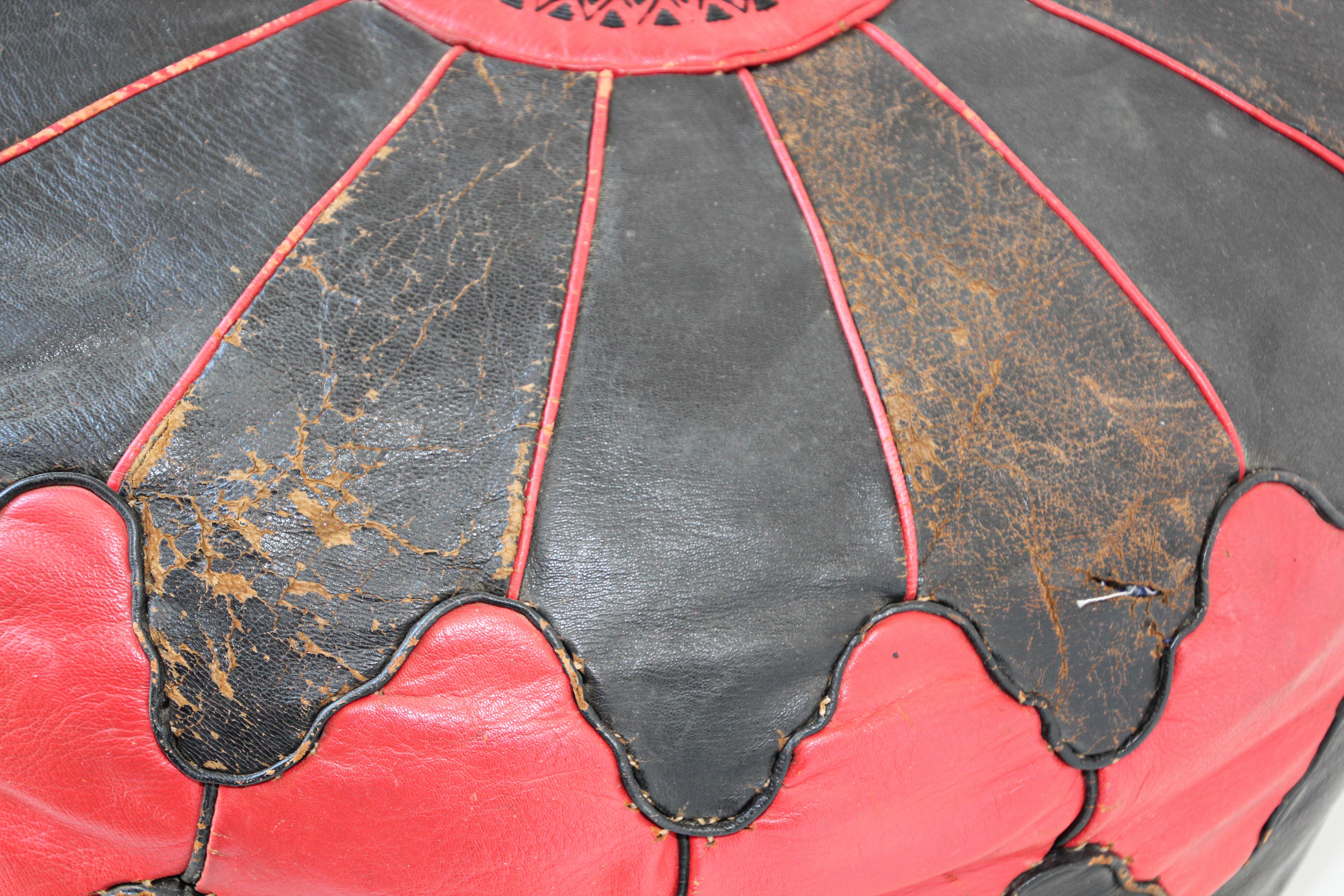 Vintage Moroccan Pouf in Red and Black Leather Hand Tooled in Marrakech For Sale 1