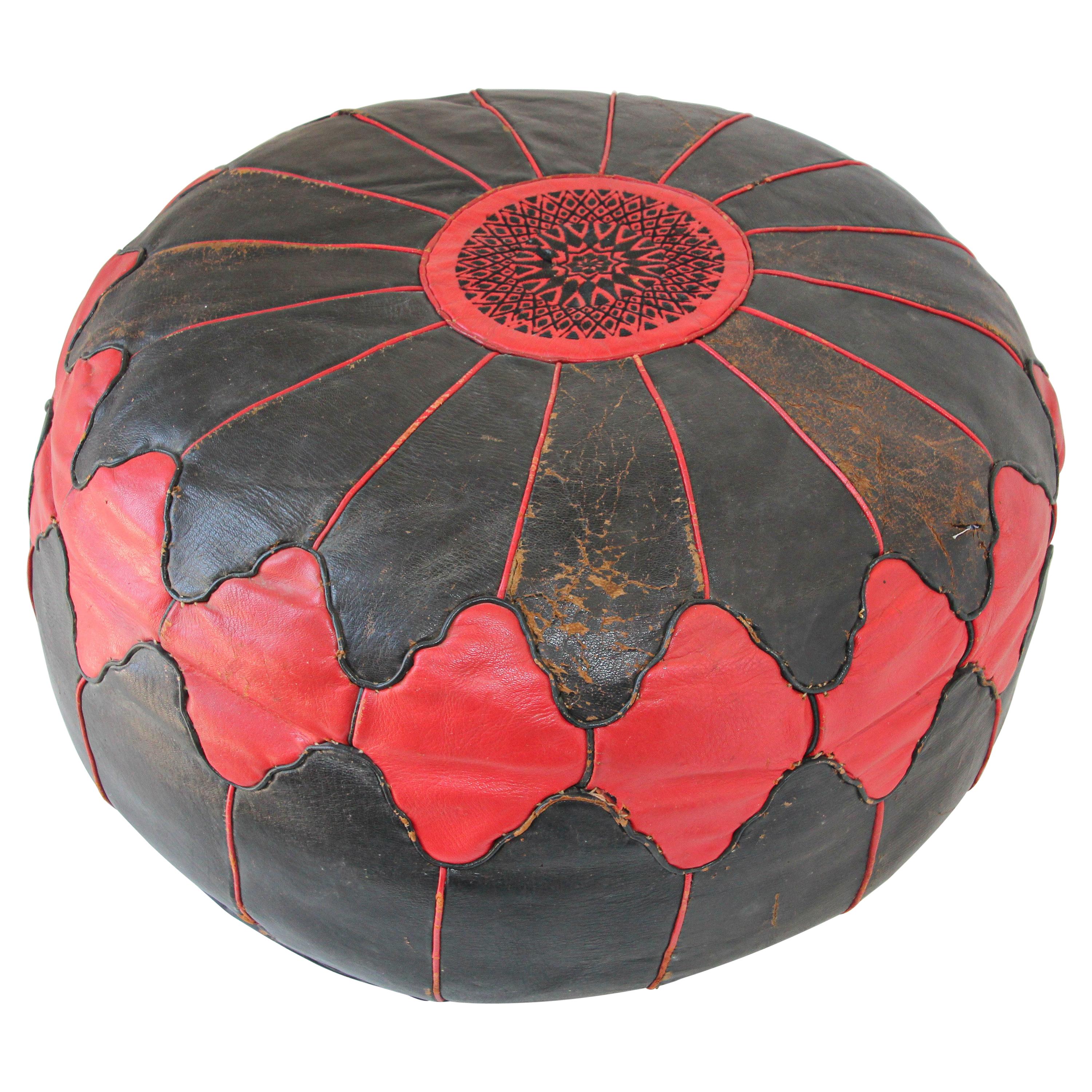 Vintage Moroccan Pouf in Red and Black Leather Hand Tooled in Marrakech