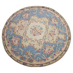 Vintage Round Needlepoint Area Rug in Floral Pattern in Pale Blue, Red, Ivory