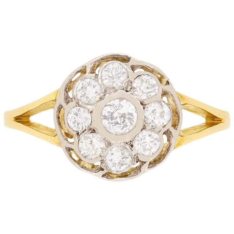 Vintage Round Old Cut Diamond Cluster Ring, circa 1940s For Sale