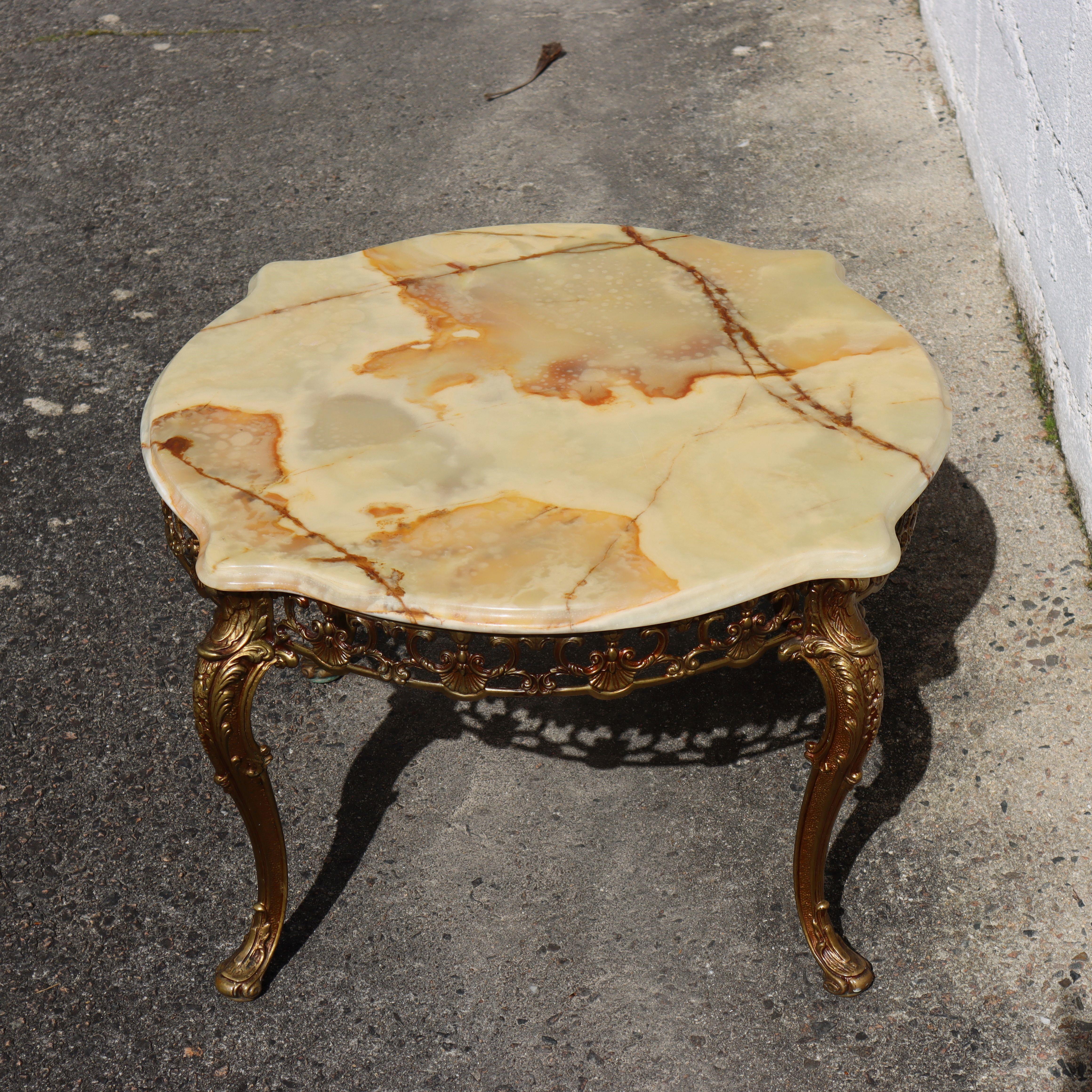 Mid-20th Century Vintage round Onyx Marble&Bronze Coffee Table-Lounge Table-Style Louis XV-60s