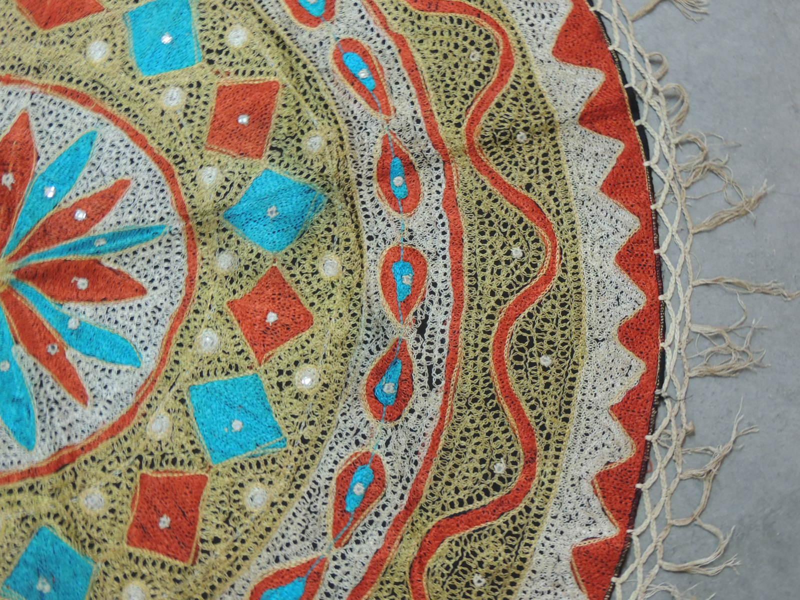 Asian Vintage Round Orange and Turquoise Suzani Embroidered Table Topper