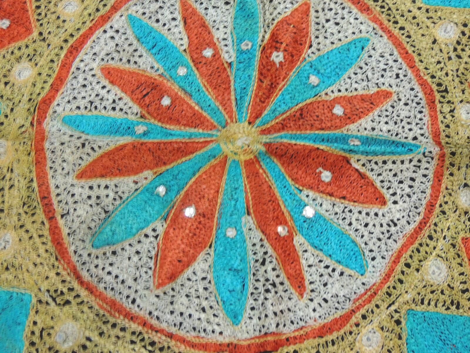 Hand-Crafted Vintage Round Orange and Turquoise Suzani Embroidered Table Topper