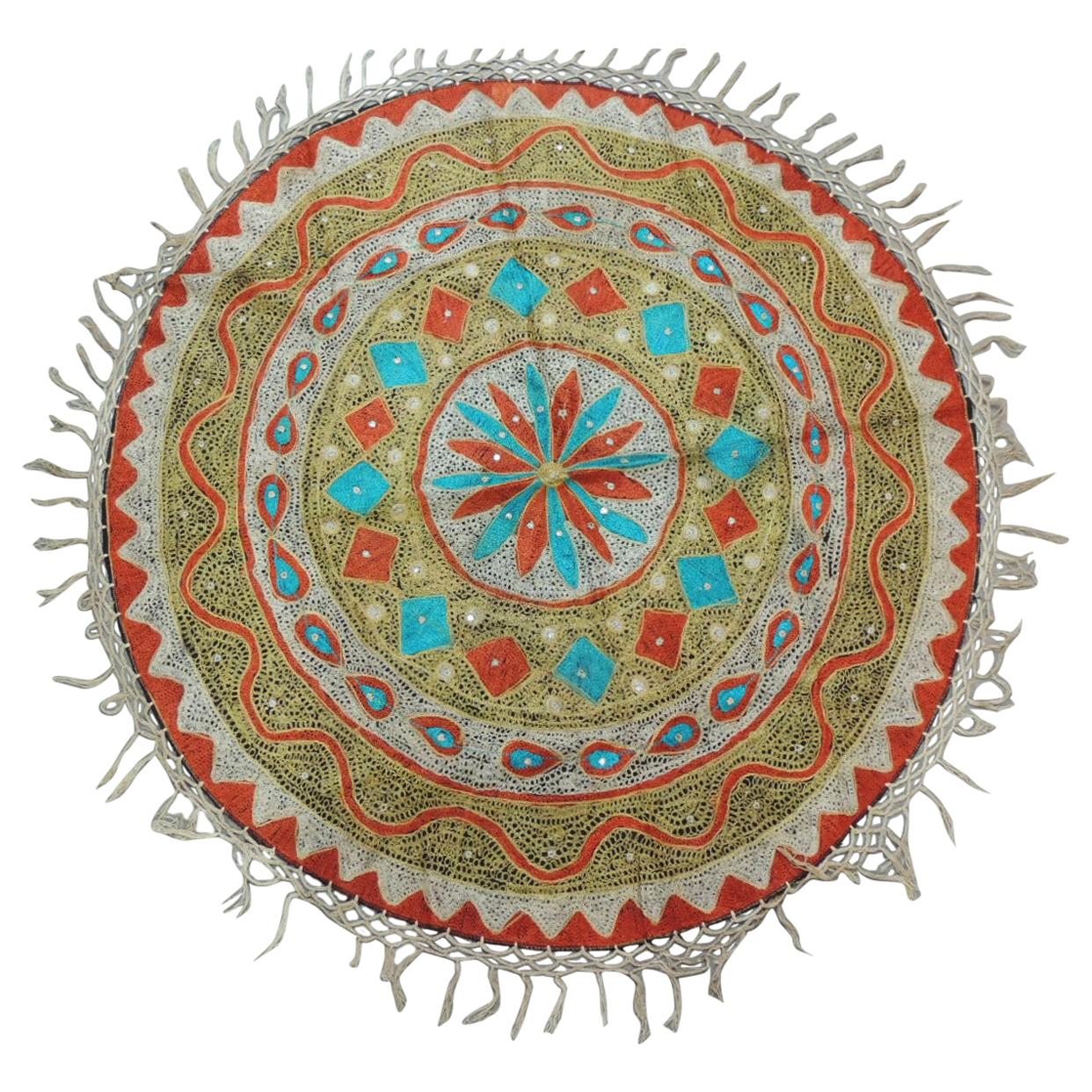 Vintage Round Orange and Turquoise Suzani Embroidered Table Topper