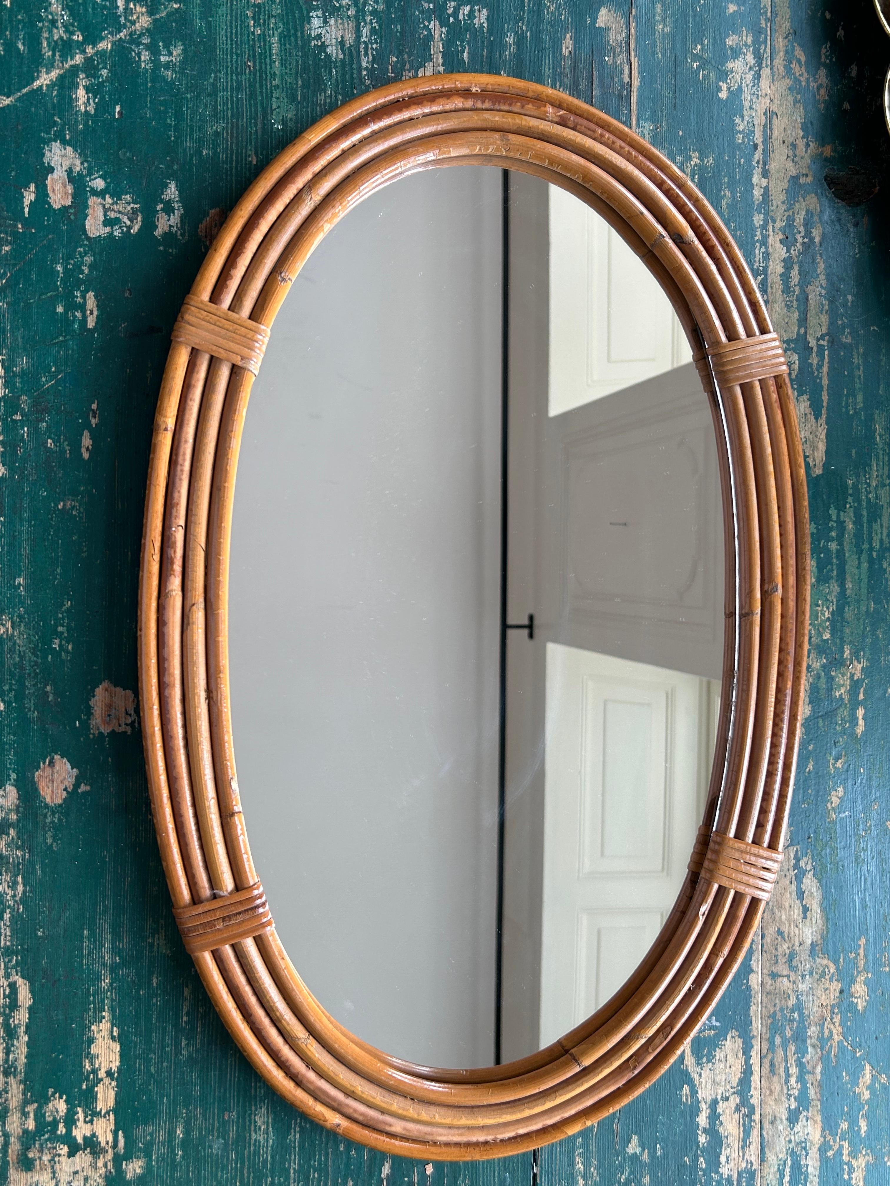 French Vintage Round Oval Mirror in Rattan Frame, France, 1950s For Sale