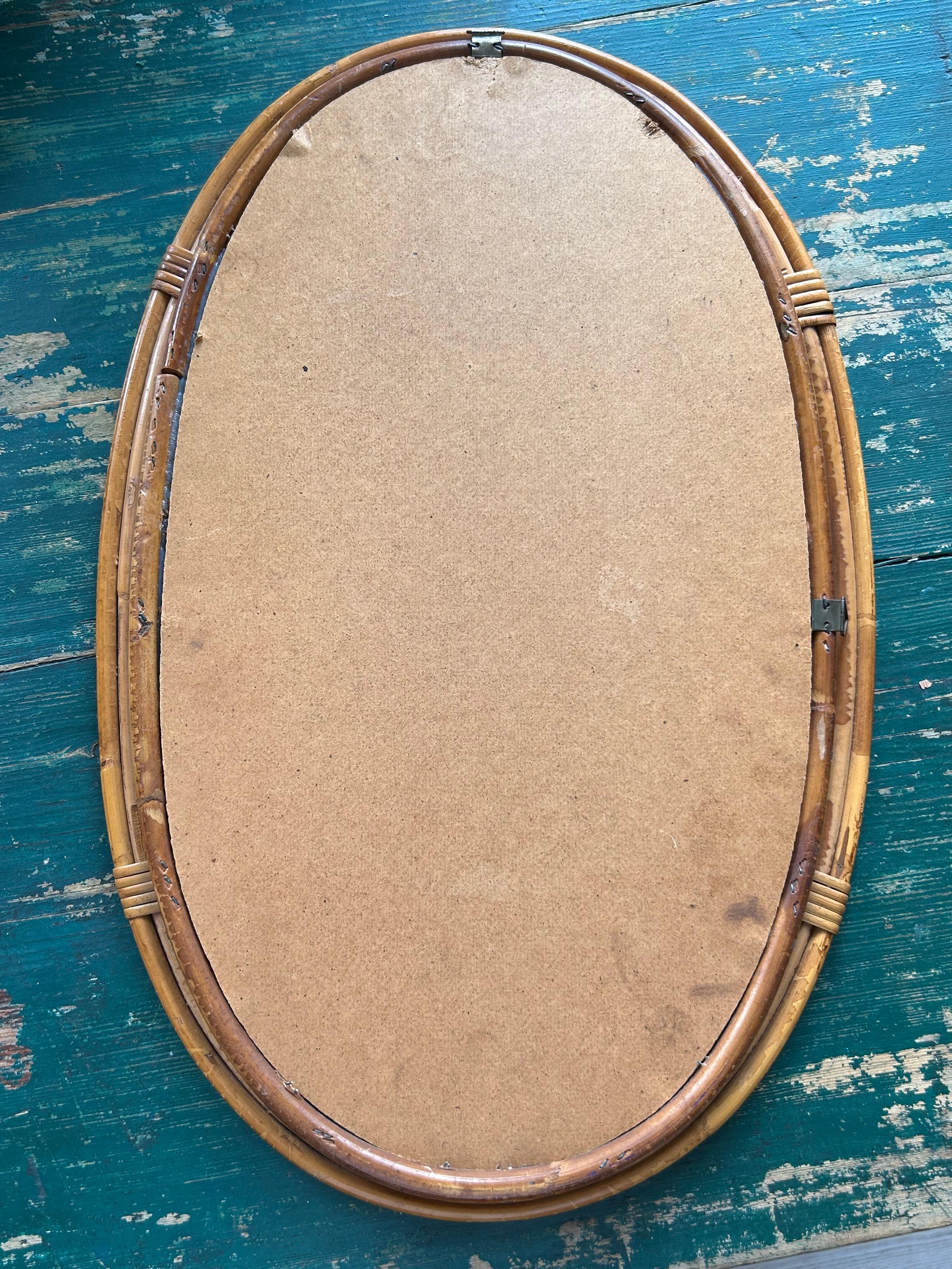 Vintage Round Oval Mirror in Rattan Frame, France, 1950s For Sale 2