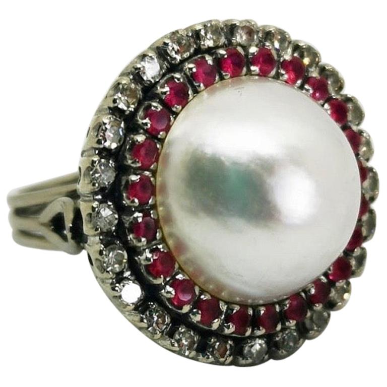 Vintage Round Pearl Ruby Diamond Cocktail Ring For Sale