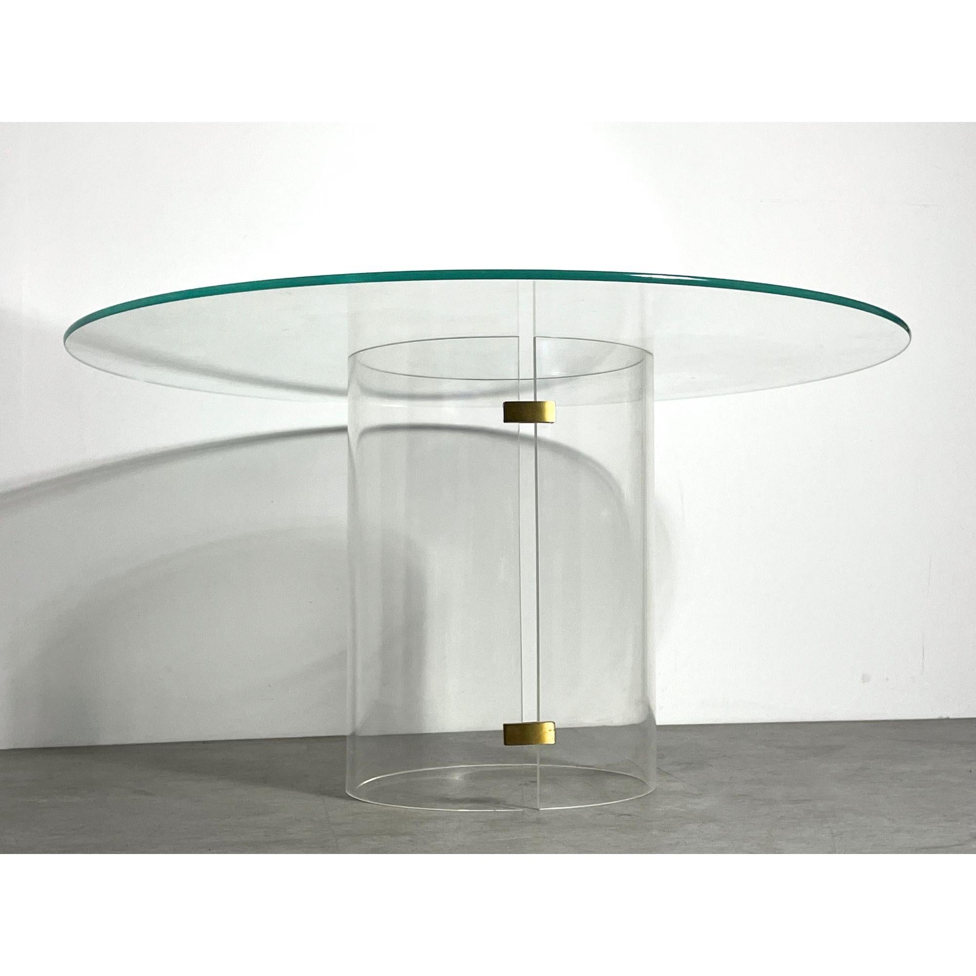 Mid-Century Modern Vintage Round Pedestal Dining Table in Lucite Brass and Glass circa 1970s For Sale