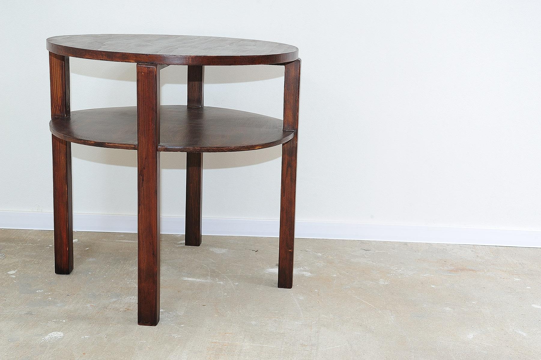 Stained Vintage round pinewood coffee table, Czechoslovakia, 1970´s For Sale
