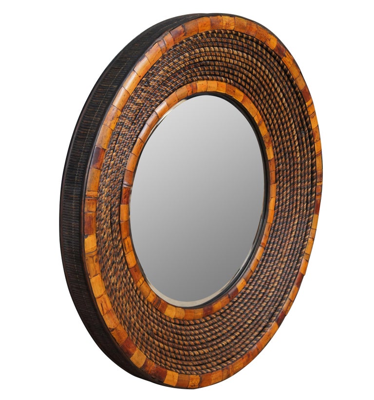 Vintage Round Rattan and Bamboo Bohemian Bullseye Wall Vanity Mirror