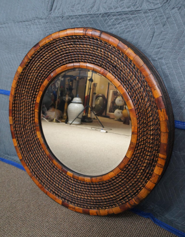 Vintage Round Rattan and Bamboo Bohemian Bullseye Wall Vanity Mirror ...