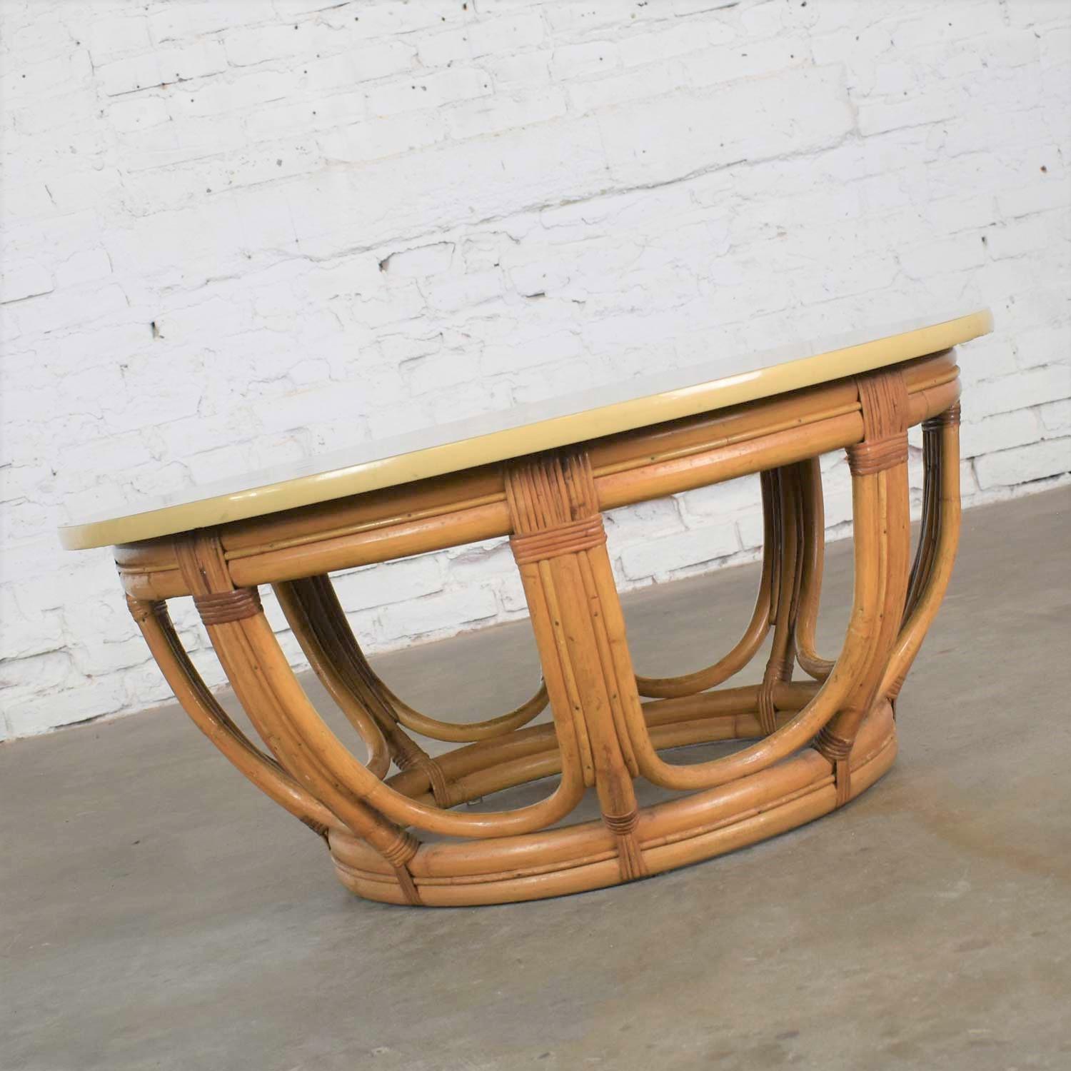 Art Deco Vintage Round Rattan Drum Shape Coffee or End Table with Laminate Top For Sale
